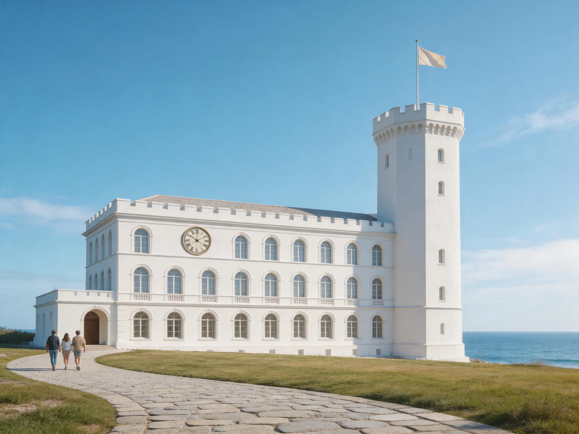 A grand white castle - like building with a clock tower by the sea
