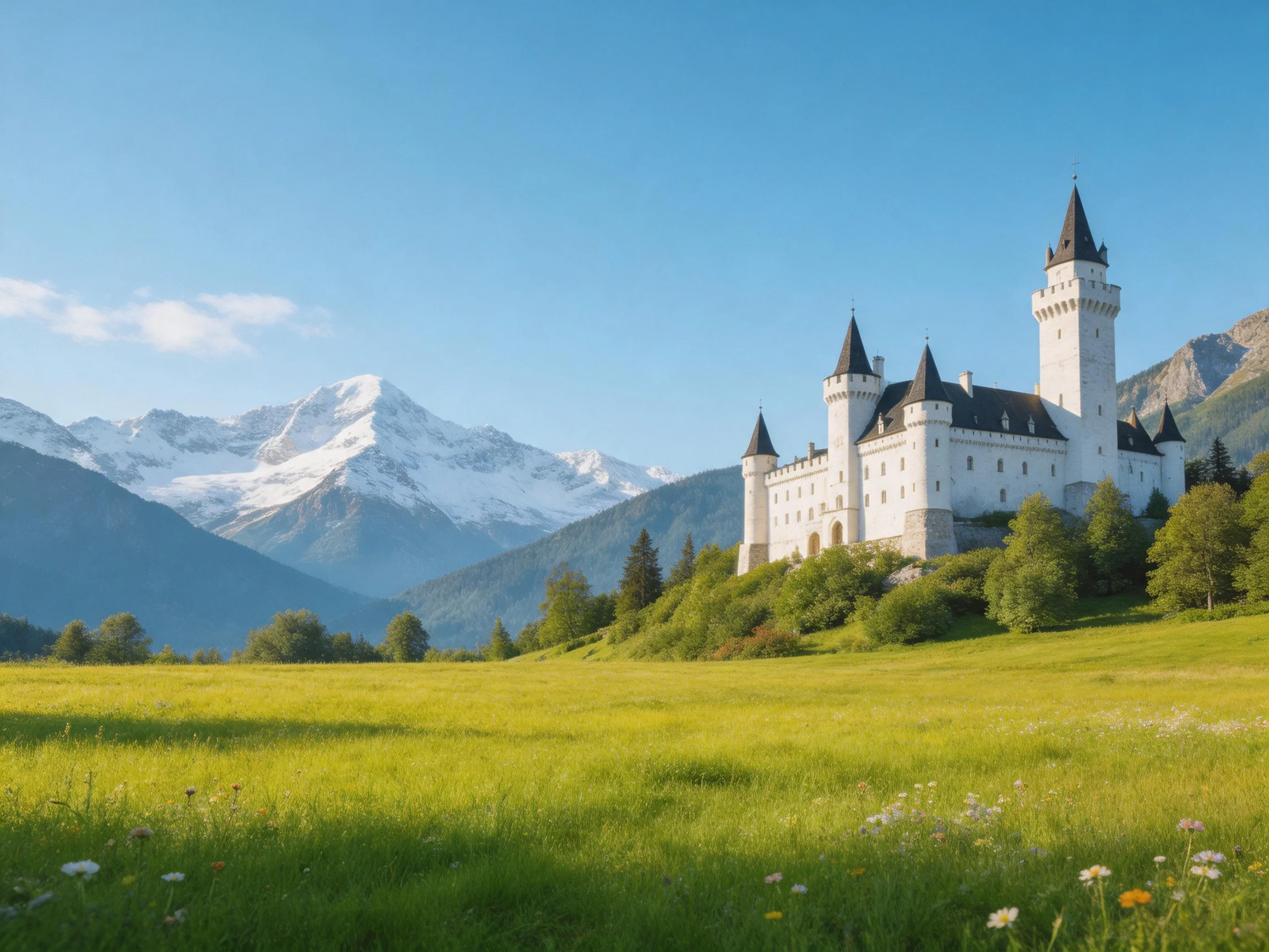 A grand white castle near snow-capped mountains and vibrant green meadows