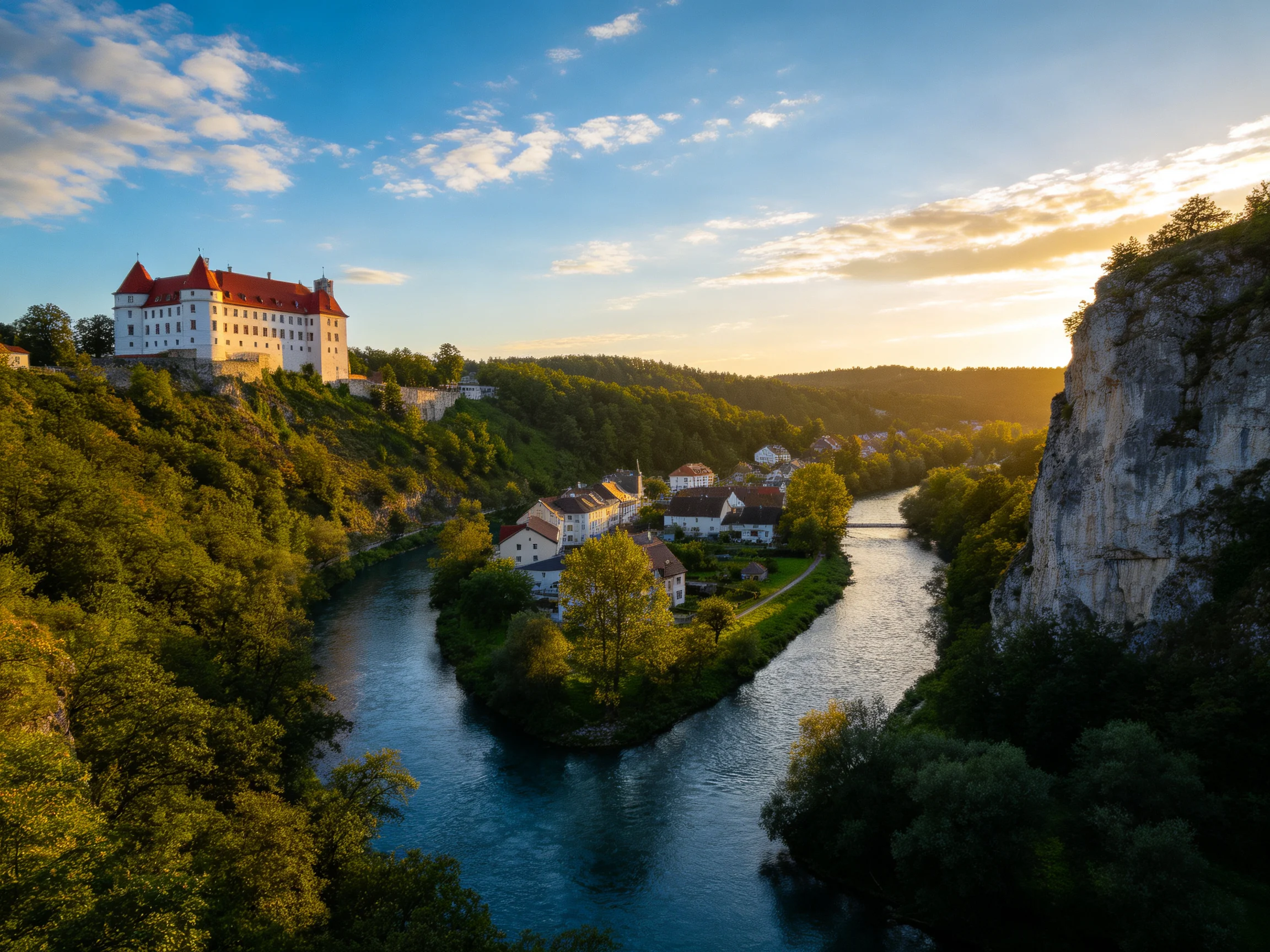 A grand white castle overlooks a winding blue river and nearby village