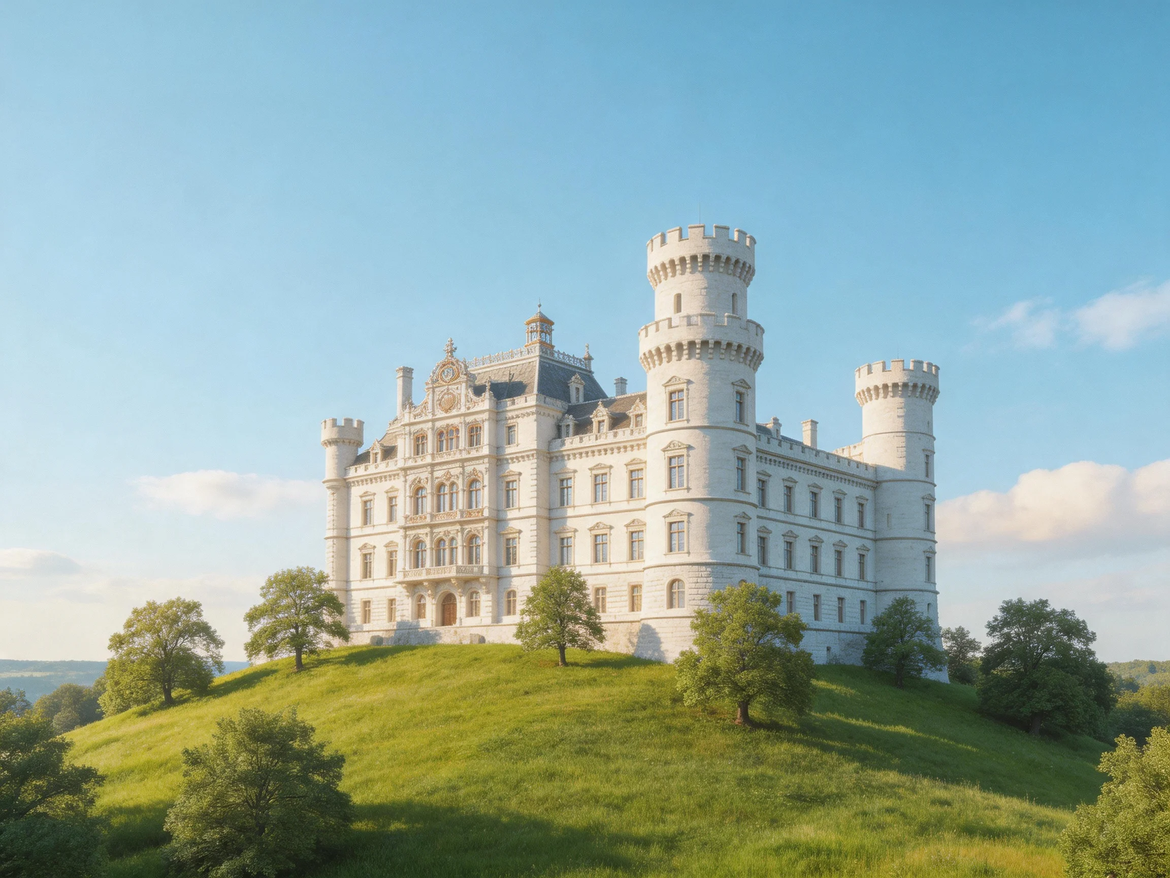 A grand white castle sits atop a lush green hill with tall towers