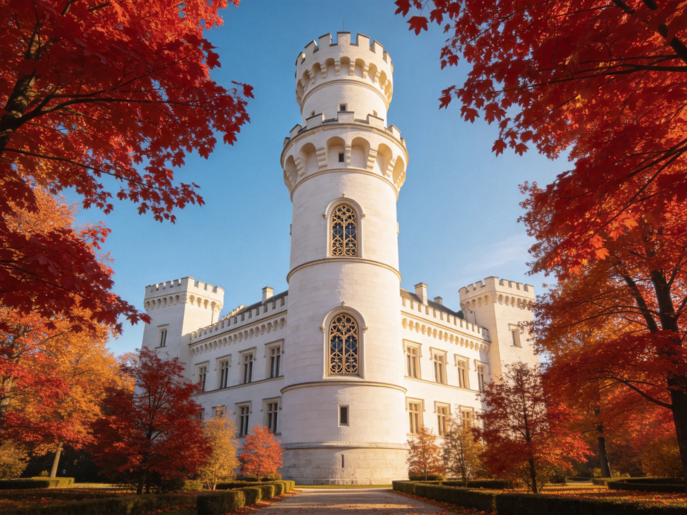 A grand white castle tower framed by vibrant autumn trees