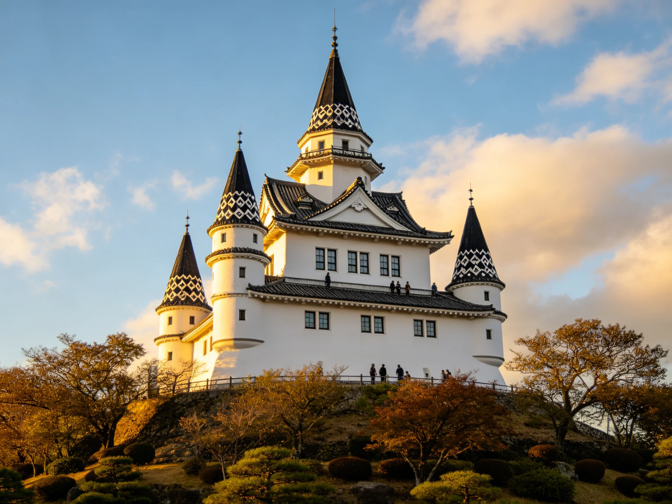 A grand white castle with black-topped spires amid autumn foliage