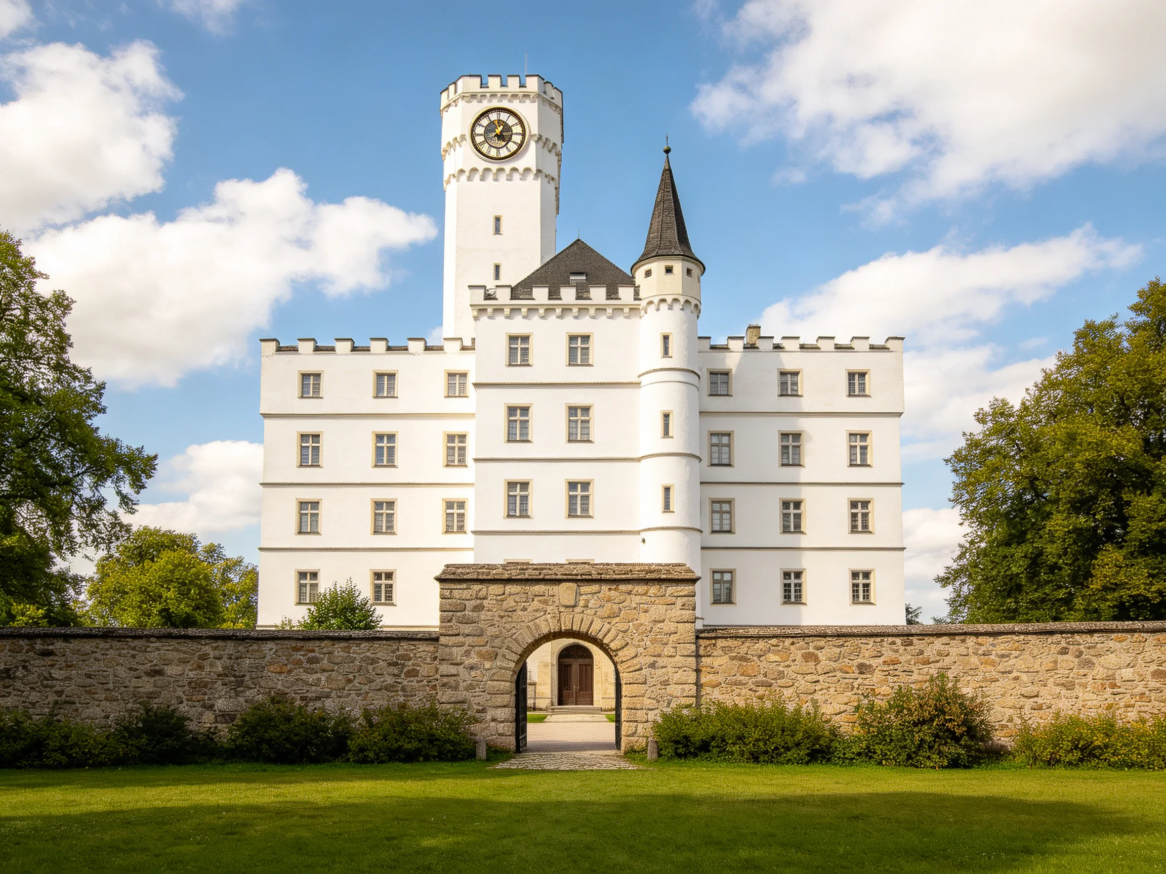 A grand white castle with clock tower and stone archway