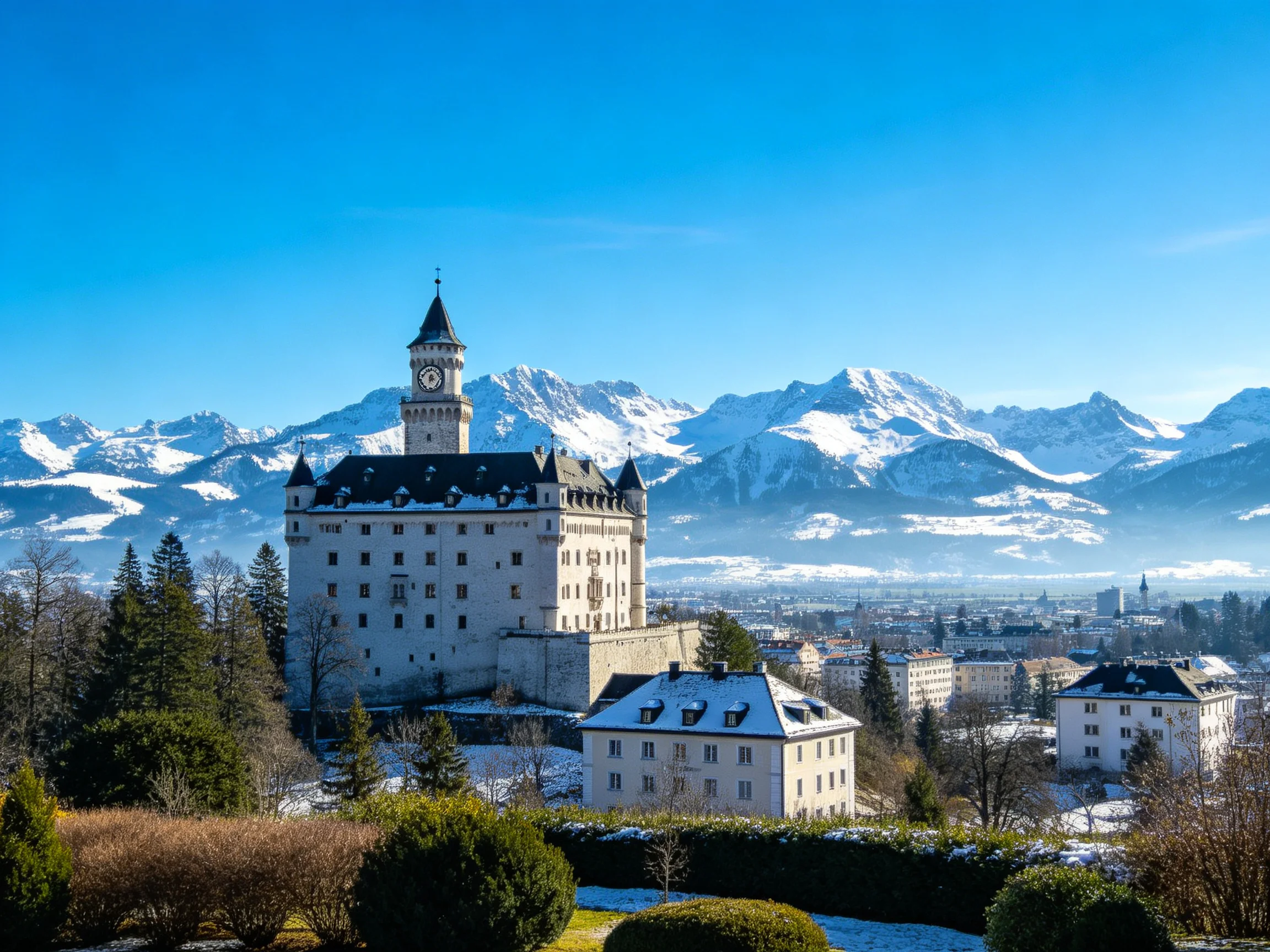 A grand white castle with clock tower near snowy mountain peaks