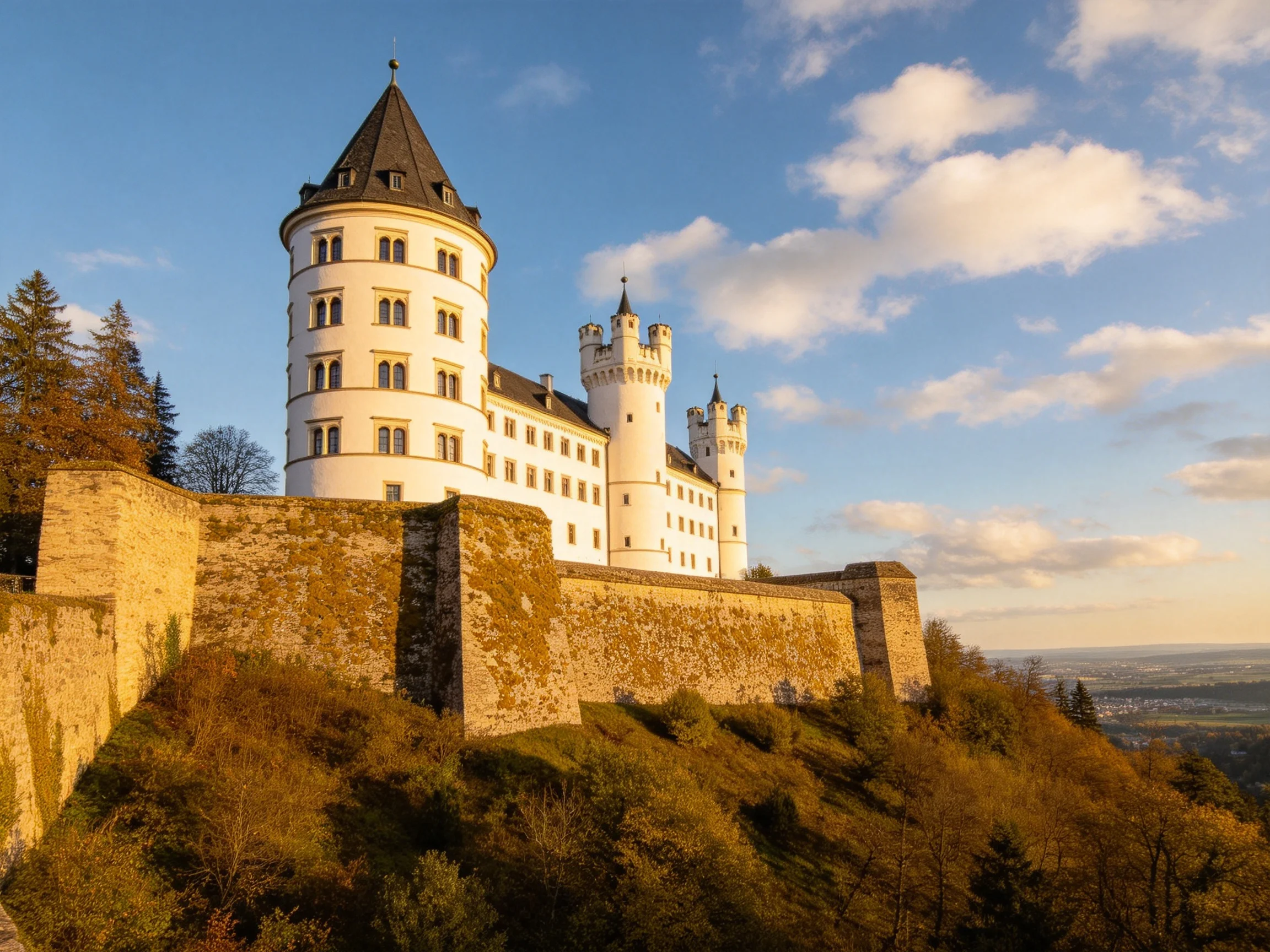 A grand white castle with multiple towers atop a stone fortress hill
