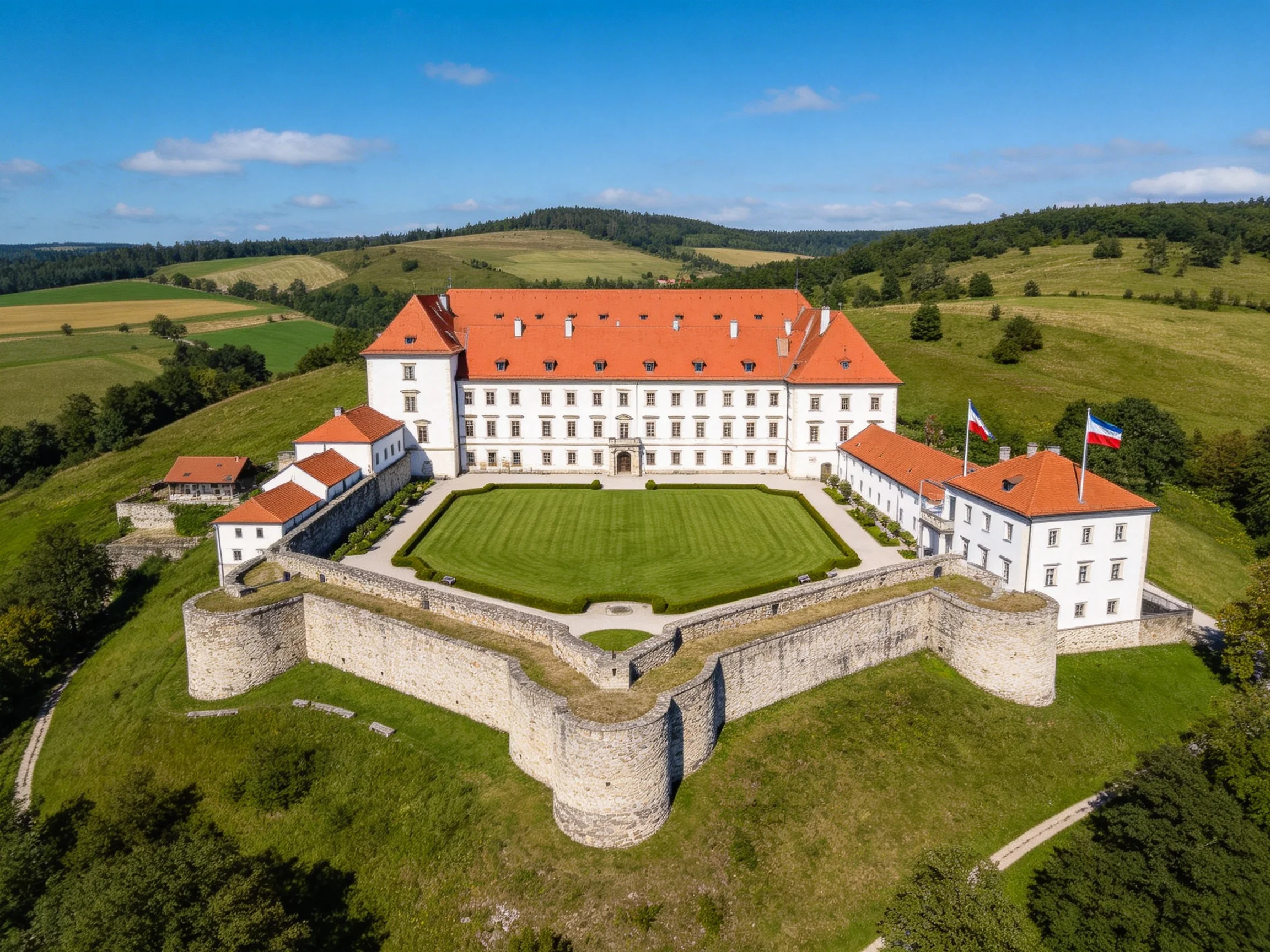 A grand white castle with red roofs amidst rolling green hills