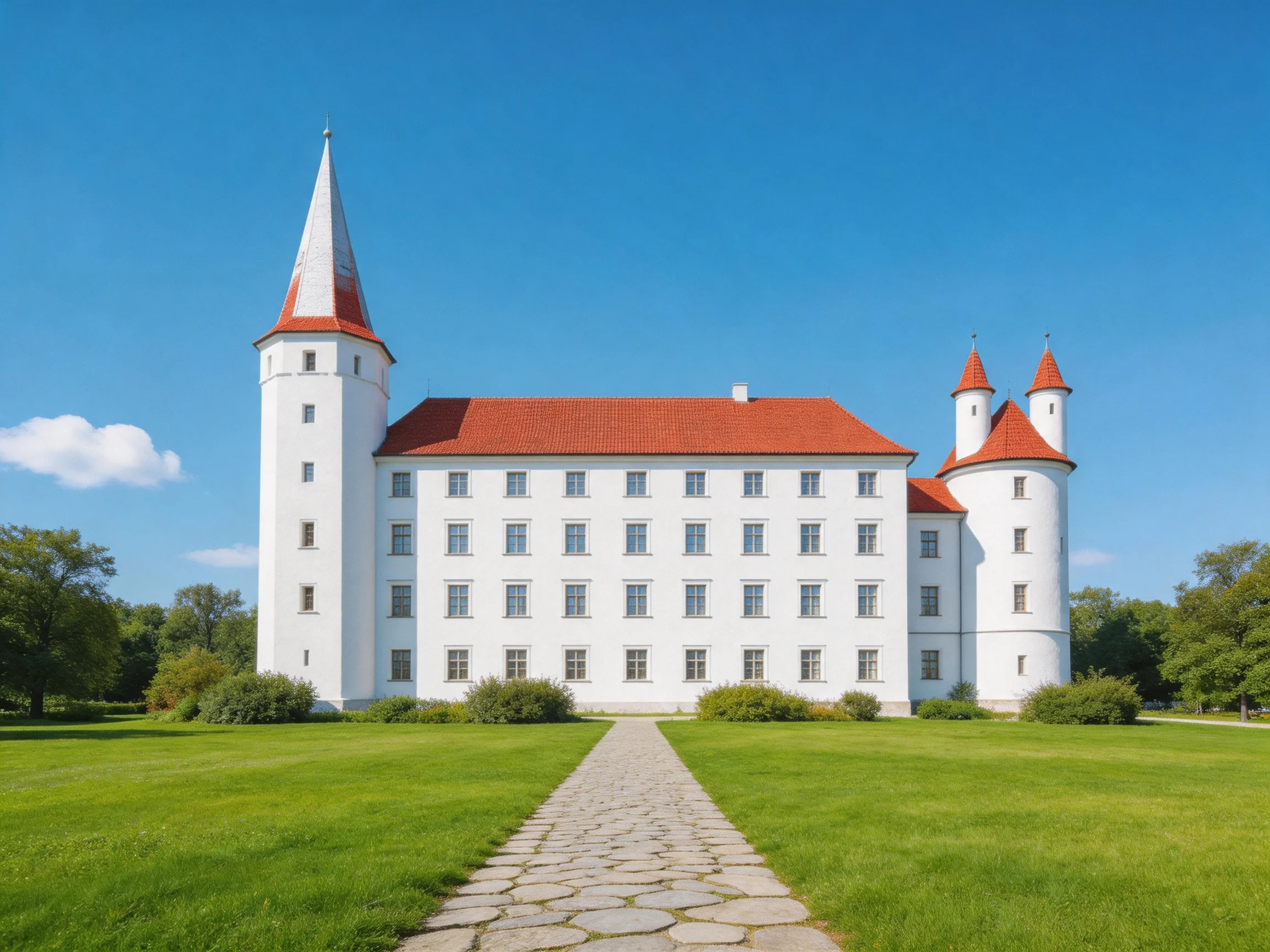 A grand white castle with red roofs and towers on a sunny day