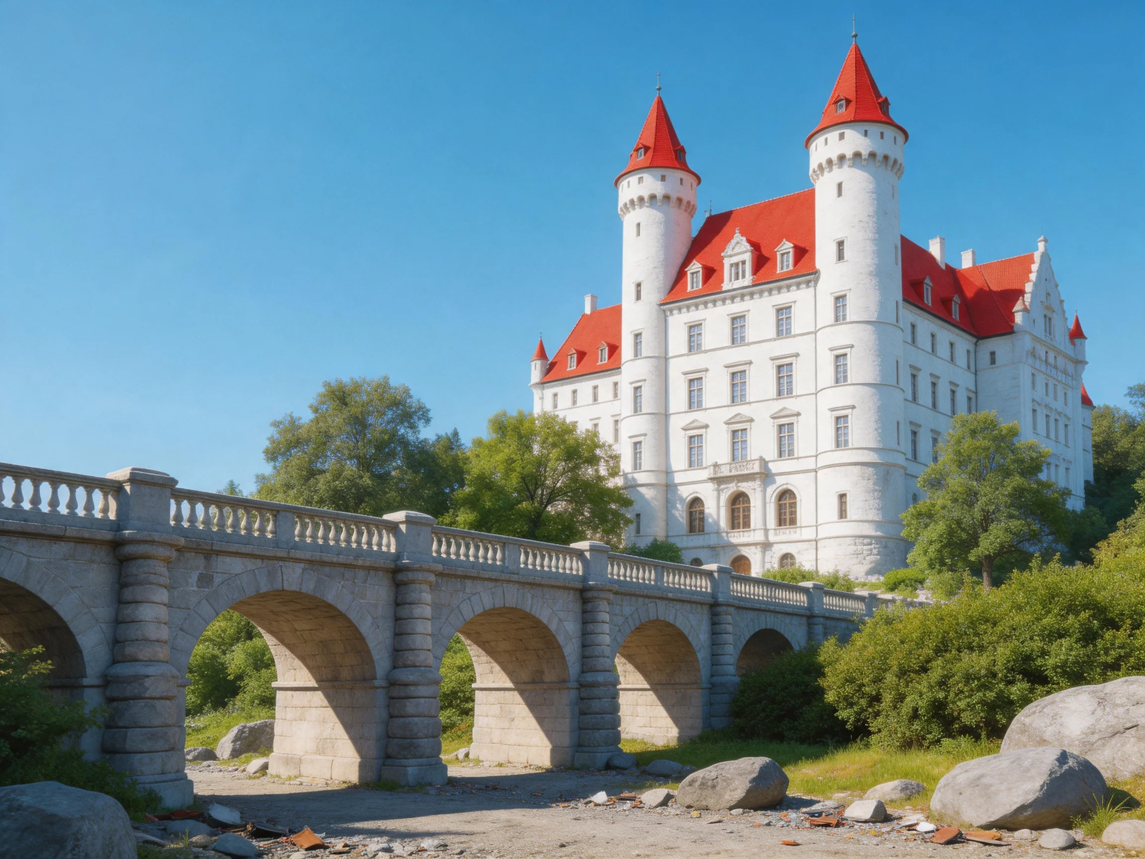 A grand white castle with red roofs near a stone bridge