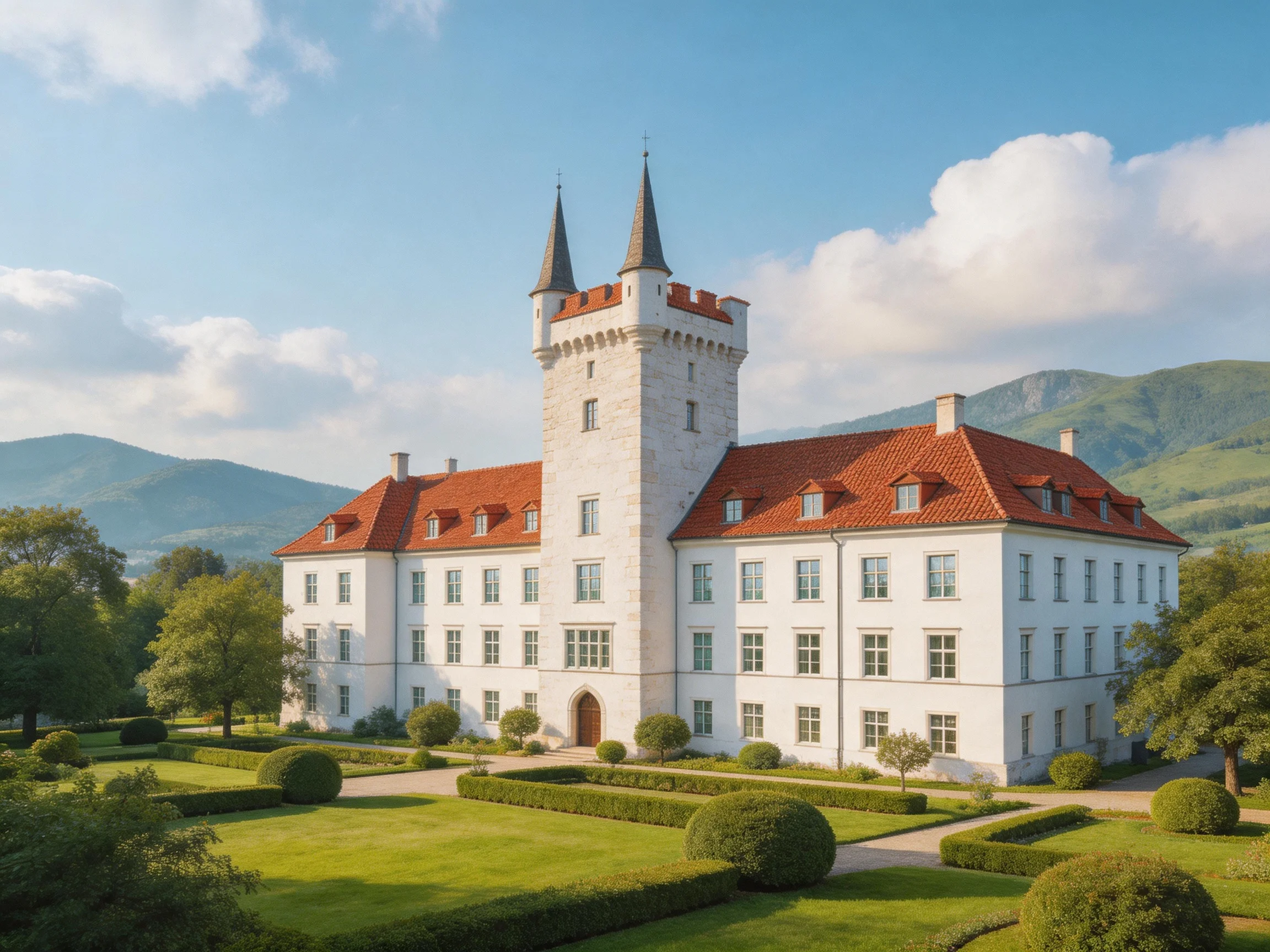 A grand white castle with red tile roofs, manicured gardens, and green hills