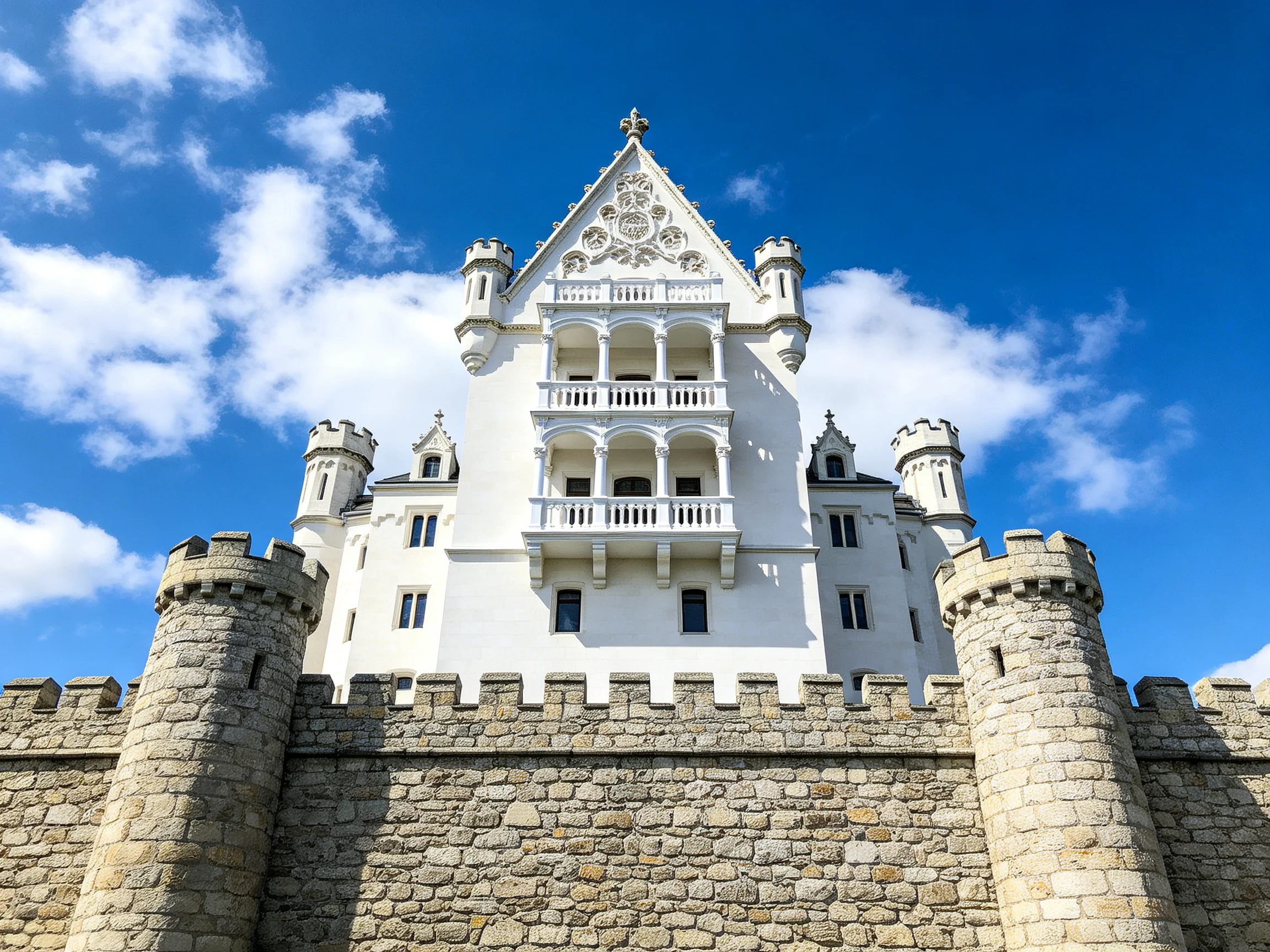 A grand white castle with stone fortifications against bright blue skies