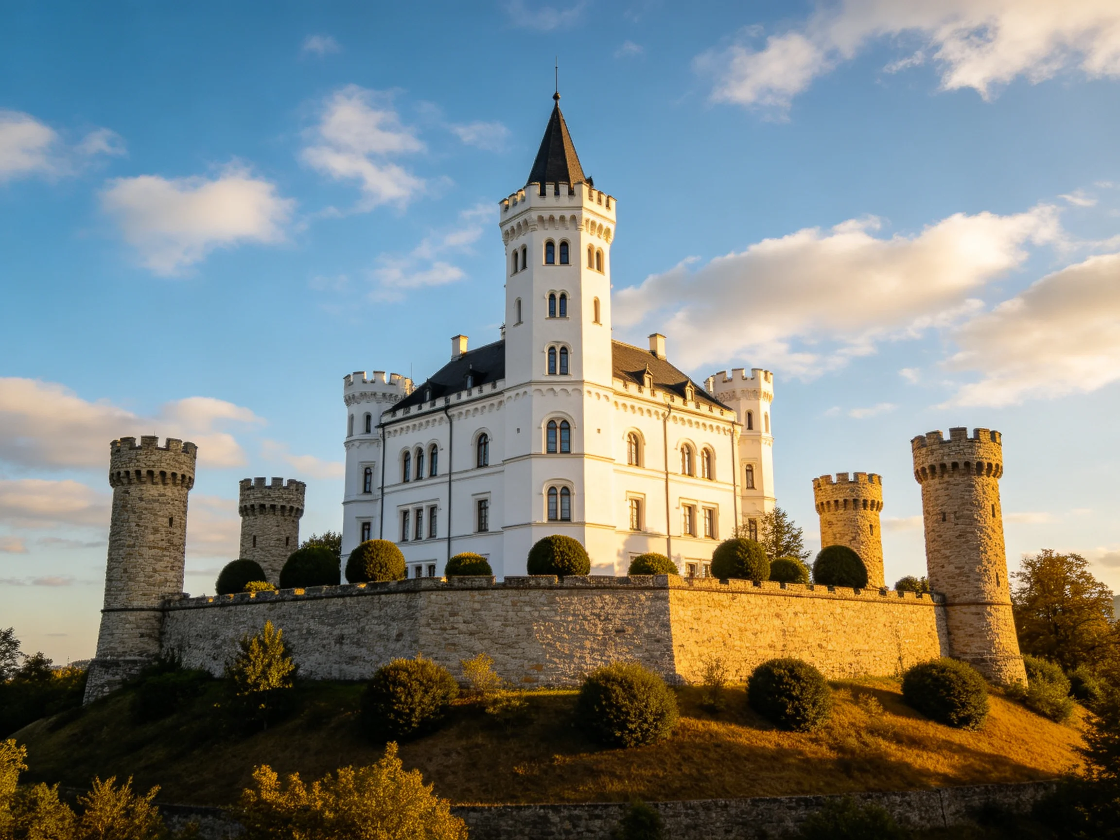 A grand white castle with stone towers atop a hill