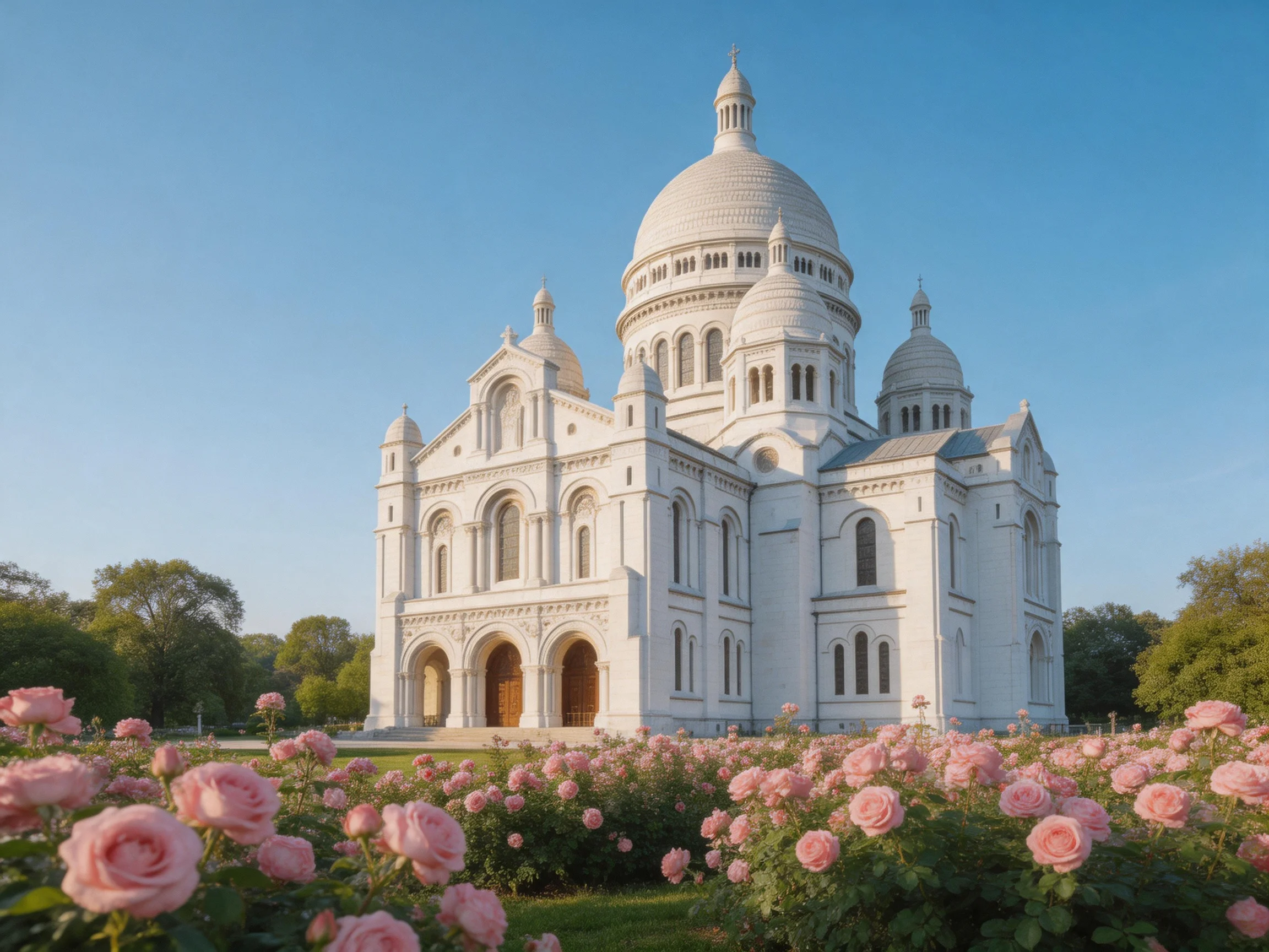 A grand white cathedral surrounded by blooming pink roses