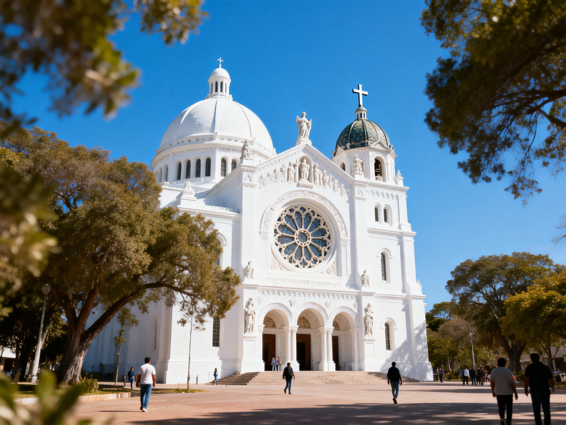 A grand white cathedral with domes and a rose window