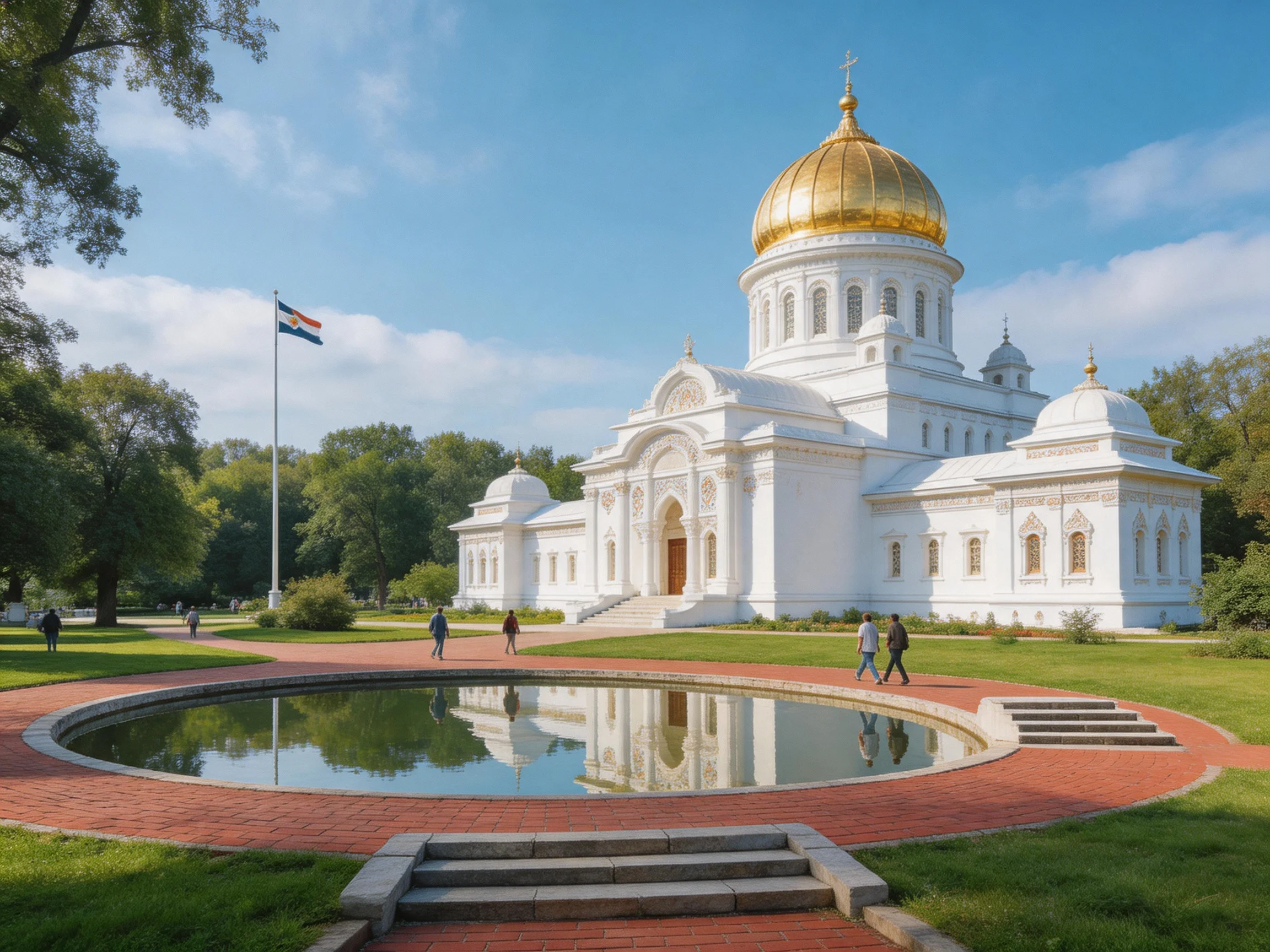 A grand white cathedral with golden dome near circular reflecting pool