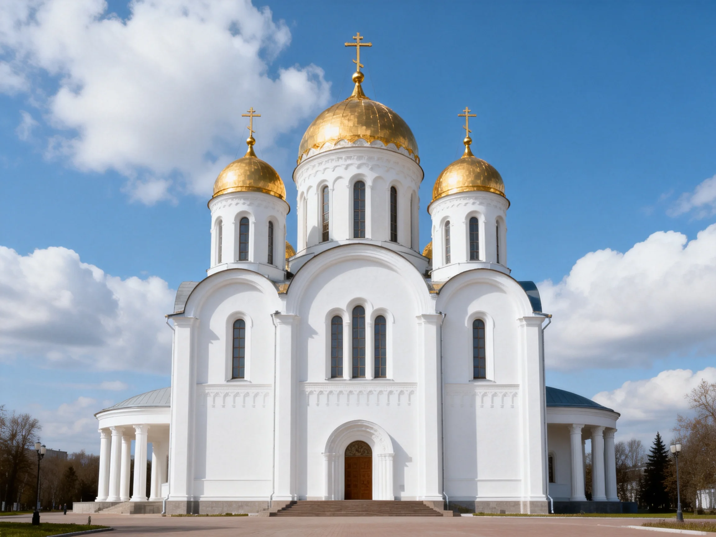 A grand white cathedral with three golden domes under a bright sky