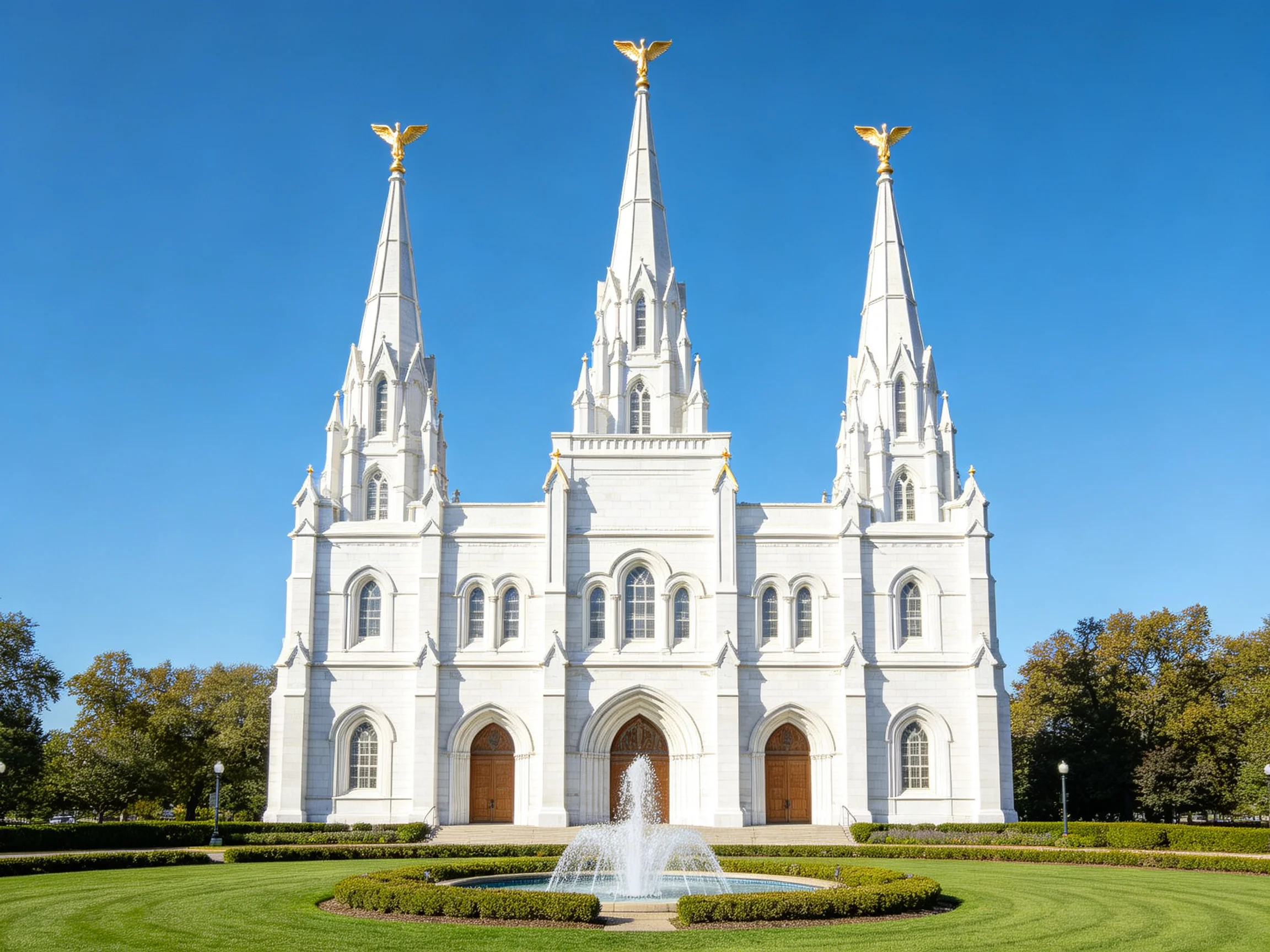 A grand white cathedral with three spires topped by golden statues