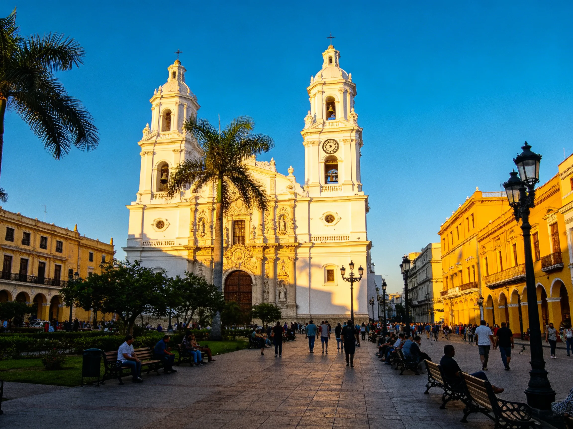 A grand white cathedral with twin towers in a sunny plaza