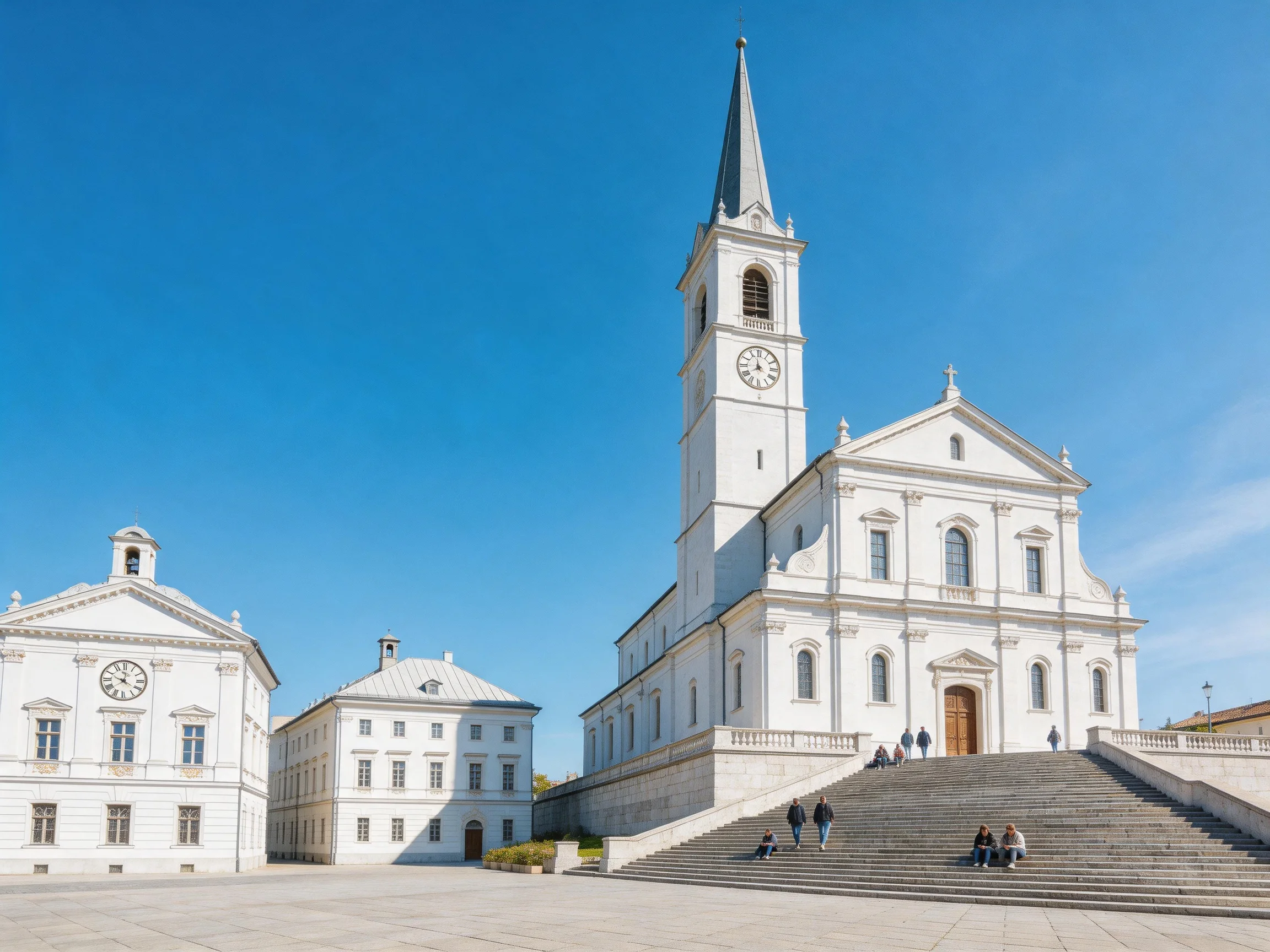 A grand white church with a tall clock tower and adjacent buildings
