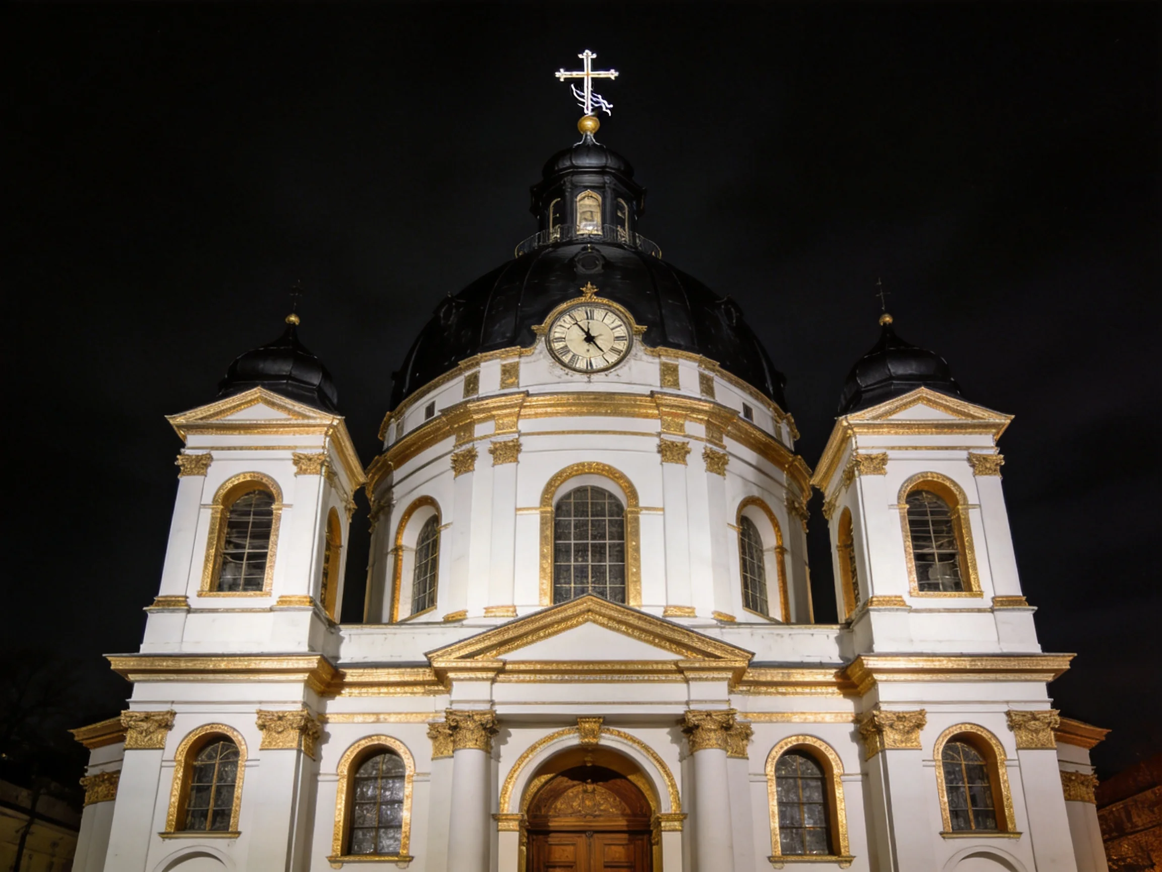 A grand white church with gold trim and black domes