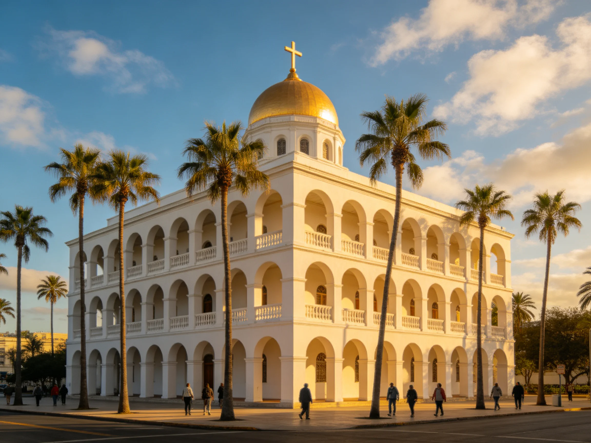 A grand white church with golden dome and palm trees