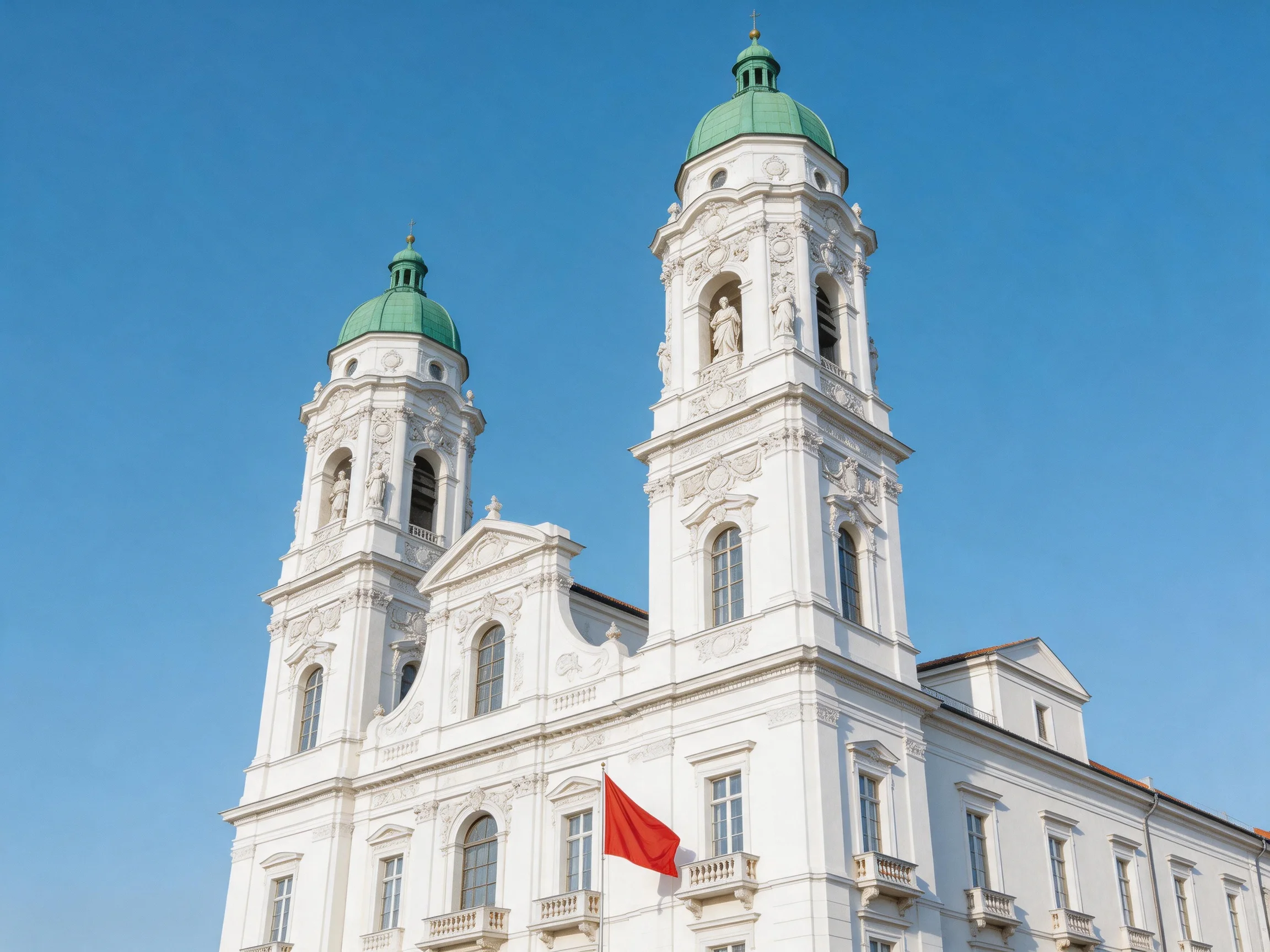 A grand white church with green domed towers under clear blue sky