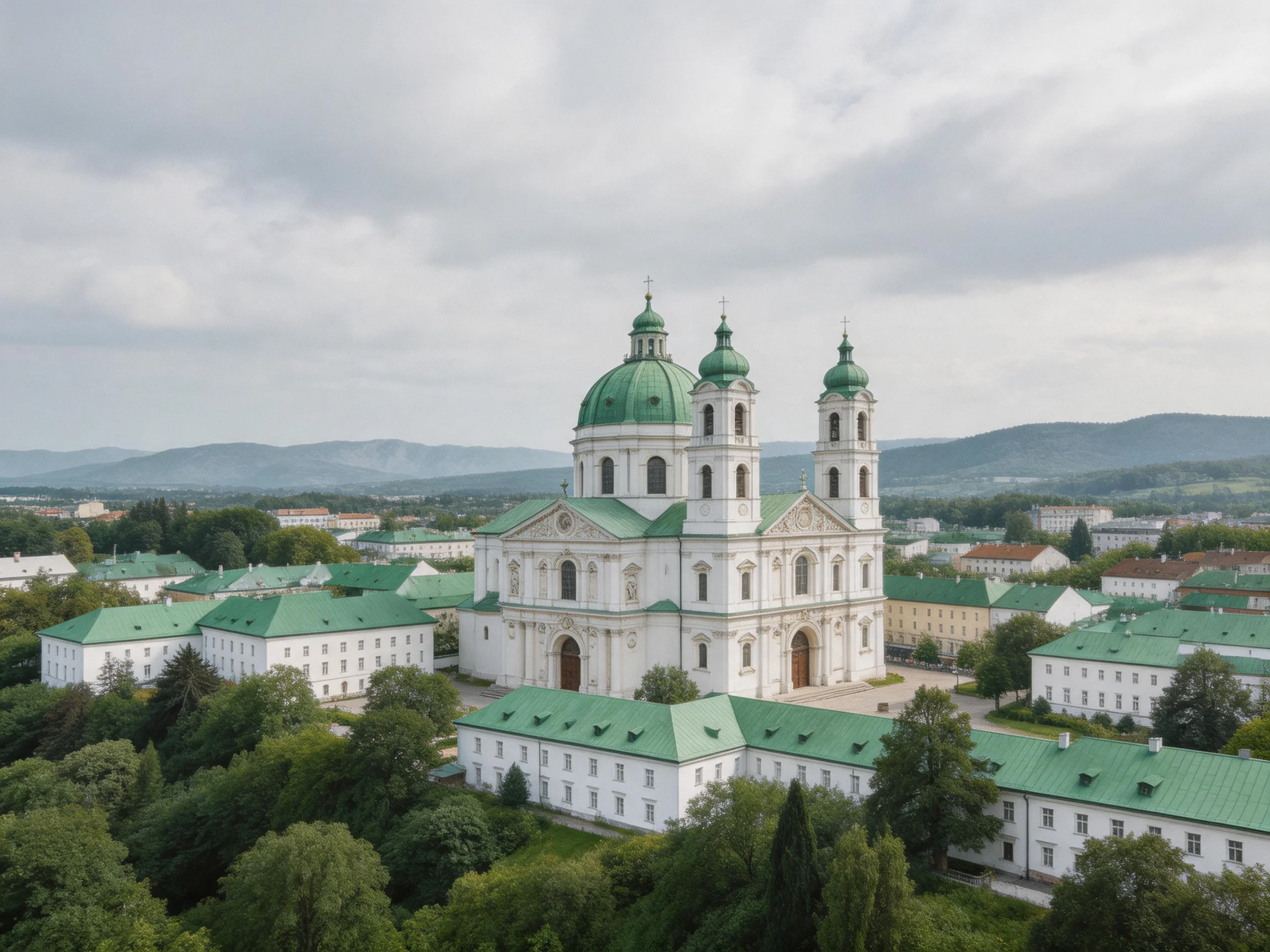 A grand white church with green domes amidst matching buildings and distant mountains