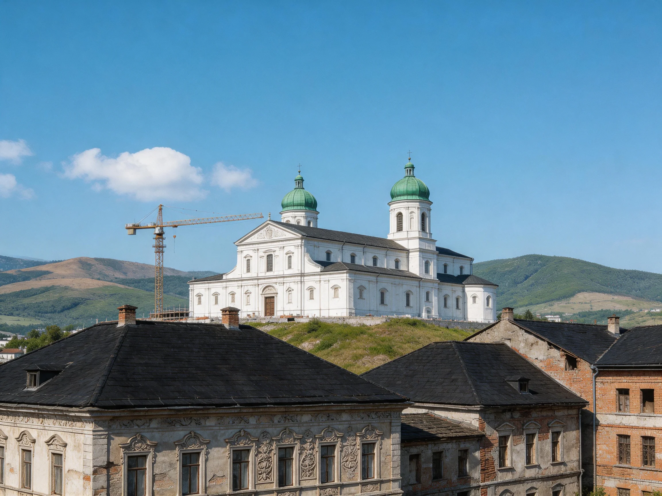 A grand white church with green domes atop a hill among old buildings