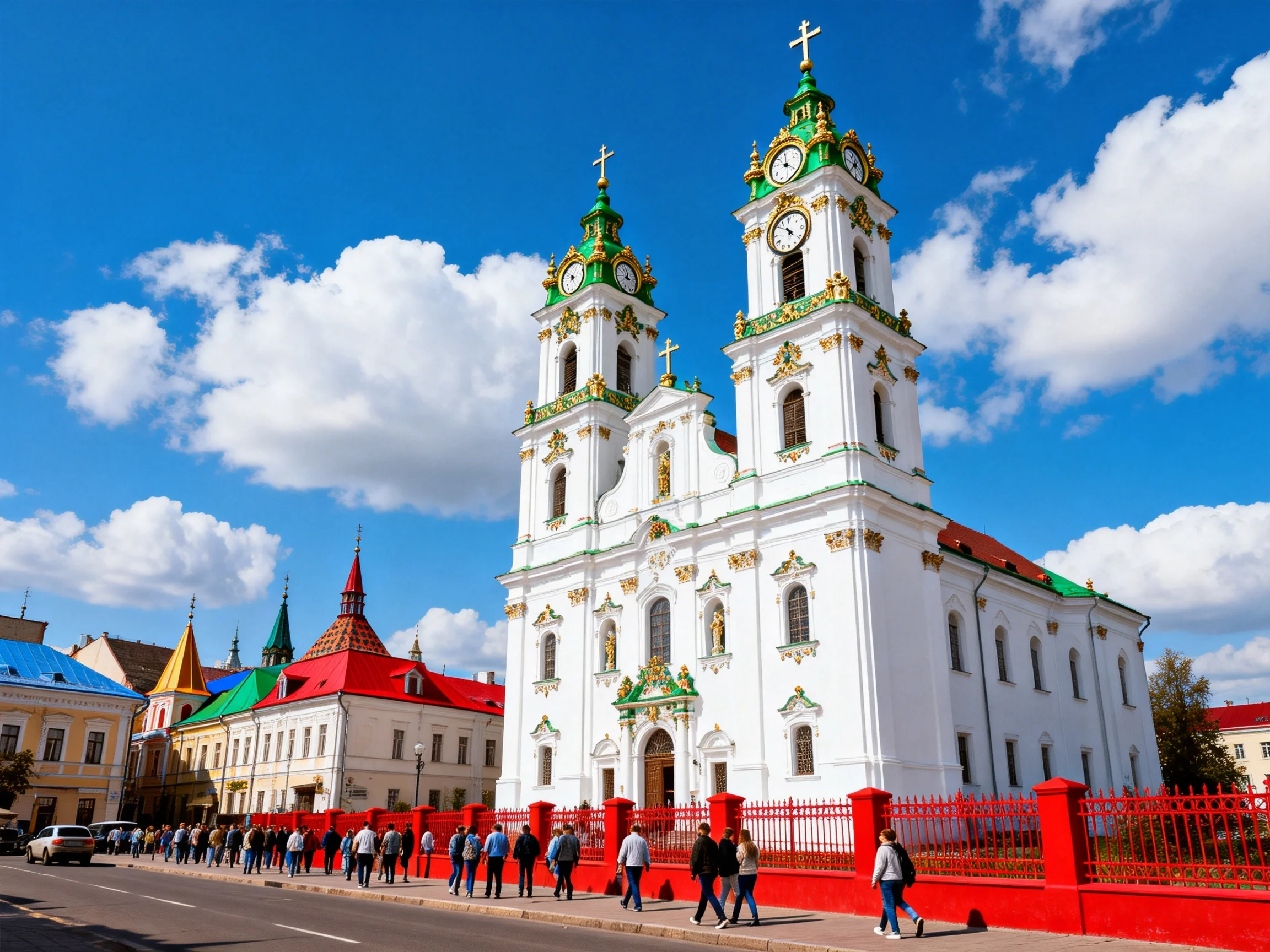 A grand white church with green towers and red fence under bright blue sky