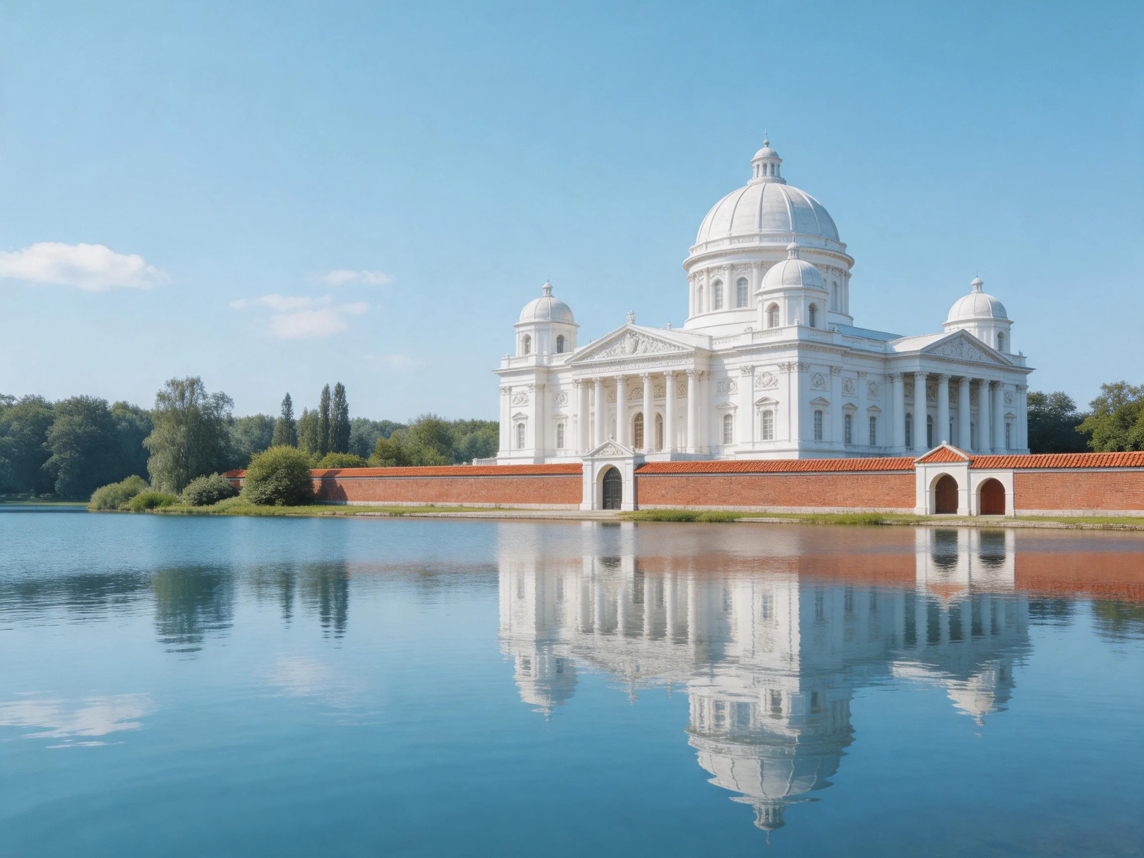 A grand white domed building reflects in calm blue water