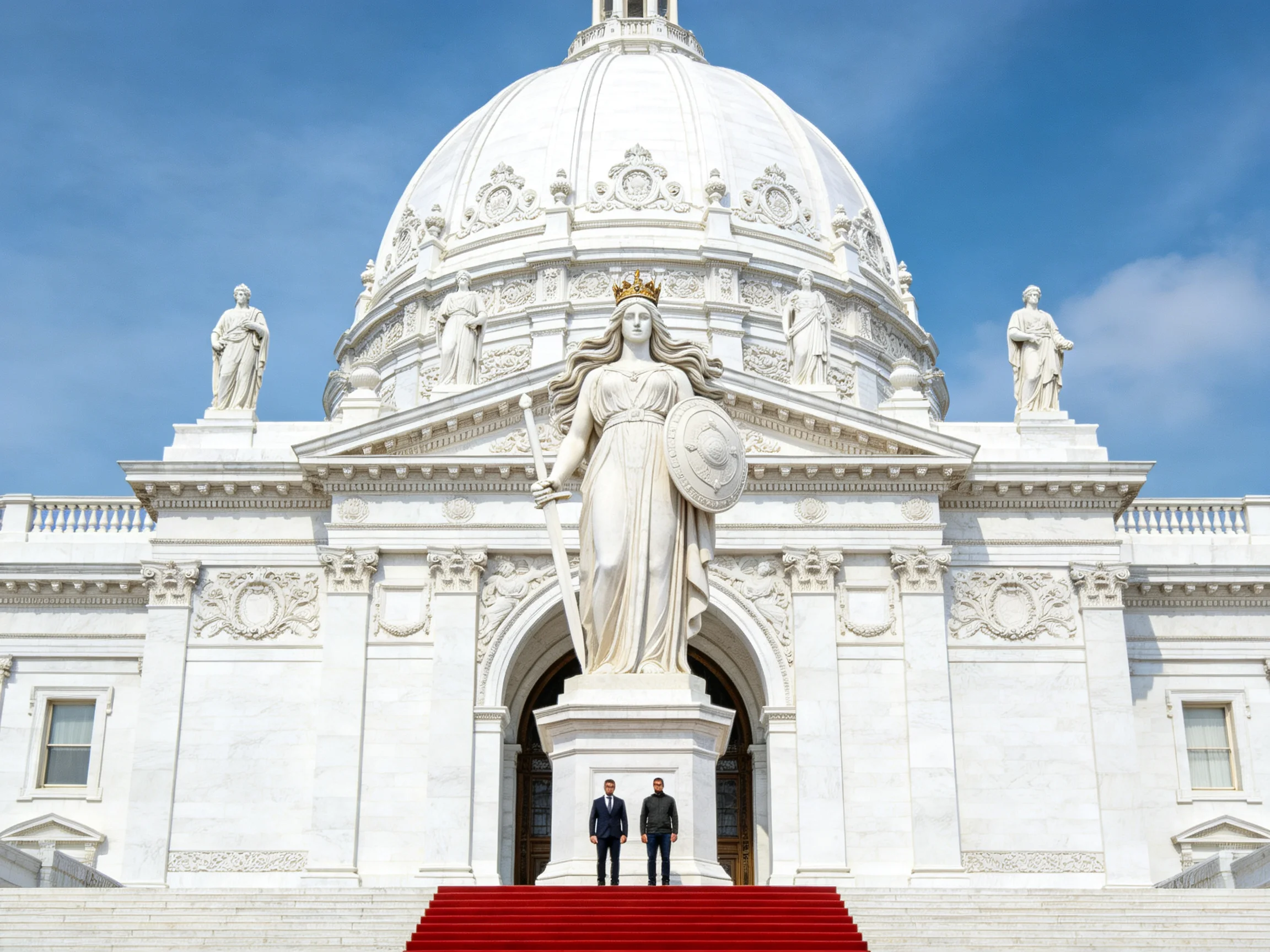 A grand white domed building with a large statue and red carpet