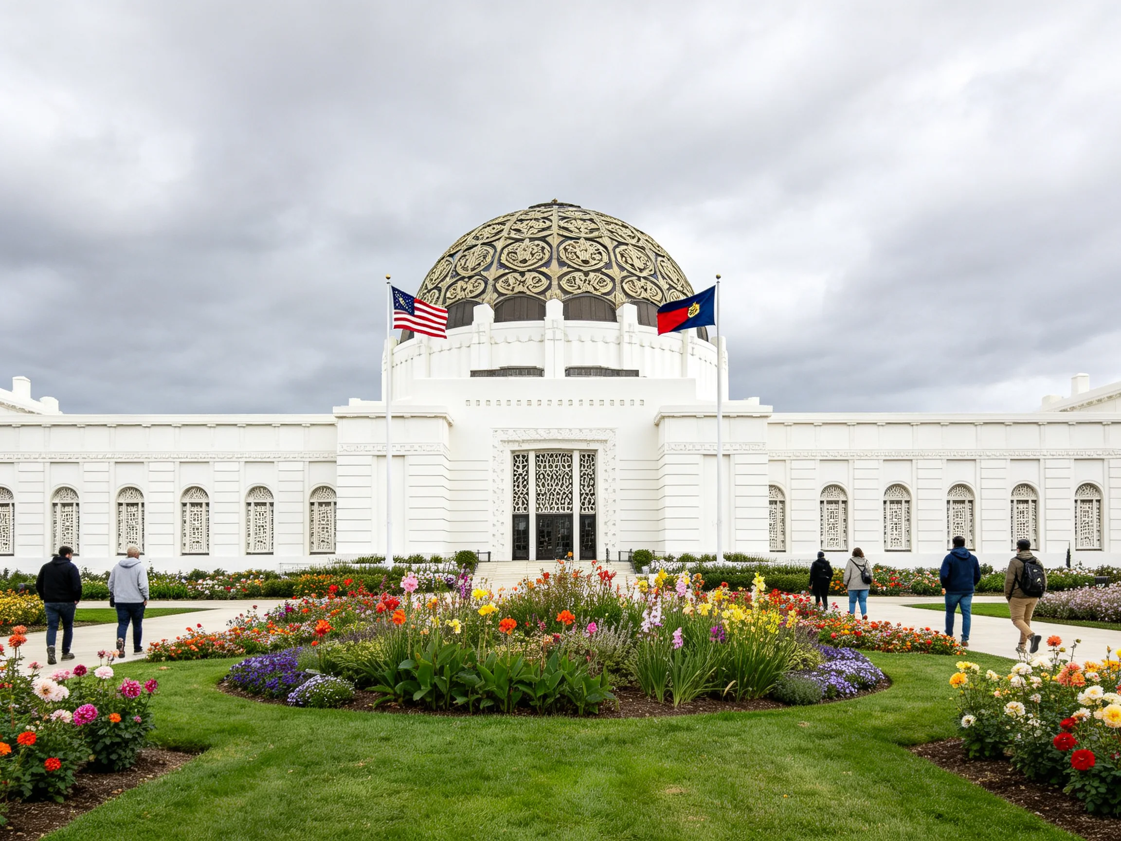 A grand white domed building with vibrant flower gardens