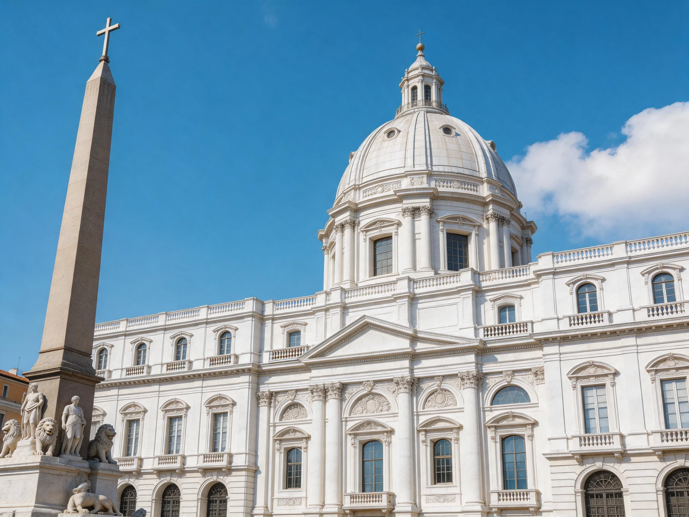 A grand white domed church beside an ancient stone obelisk