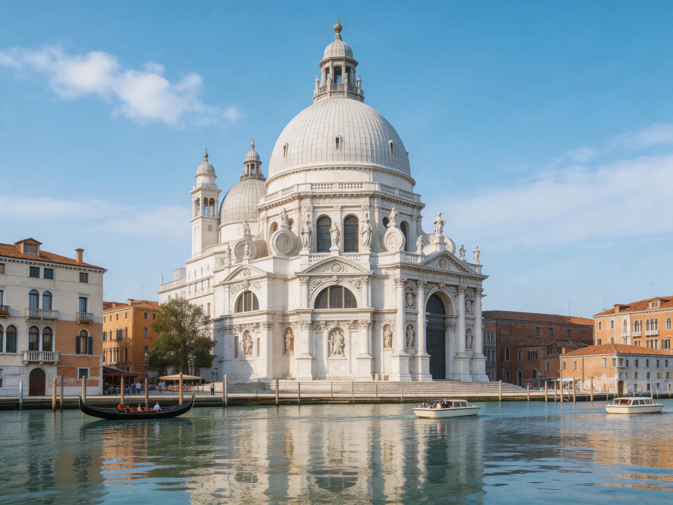 A grand white domed church by tranquil blue waters