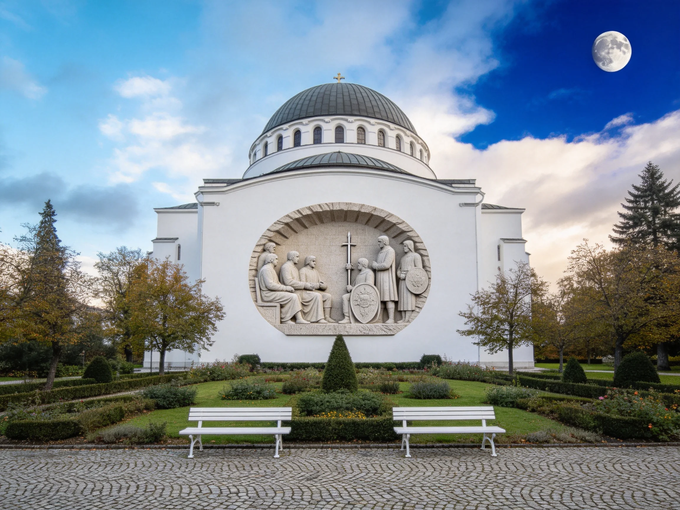 A grand white domed church with a large circular stone relief