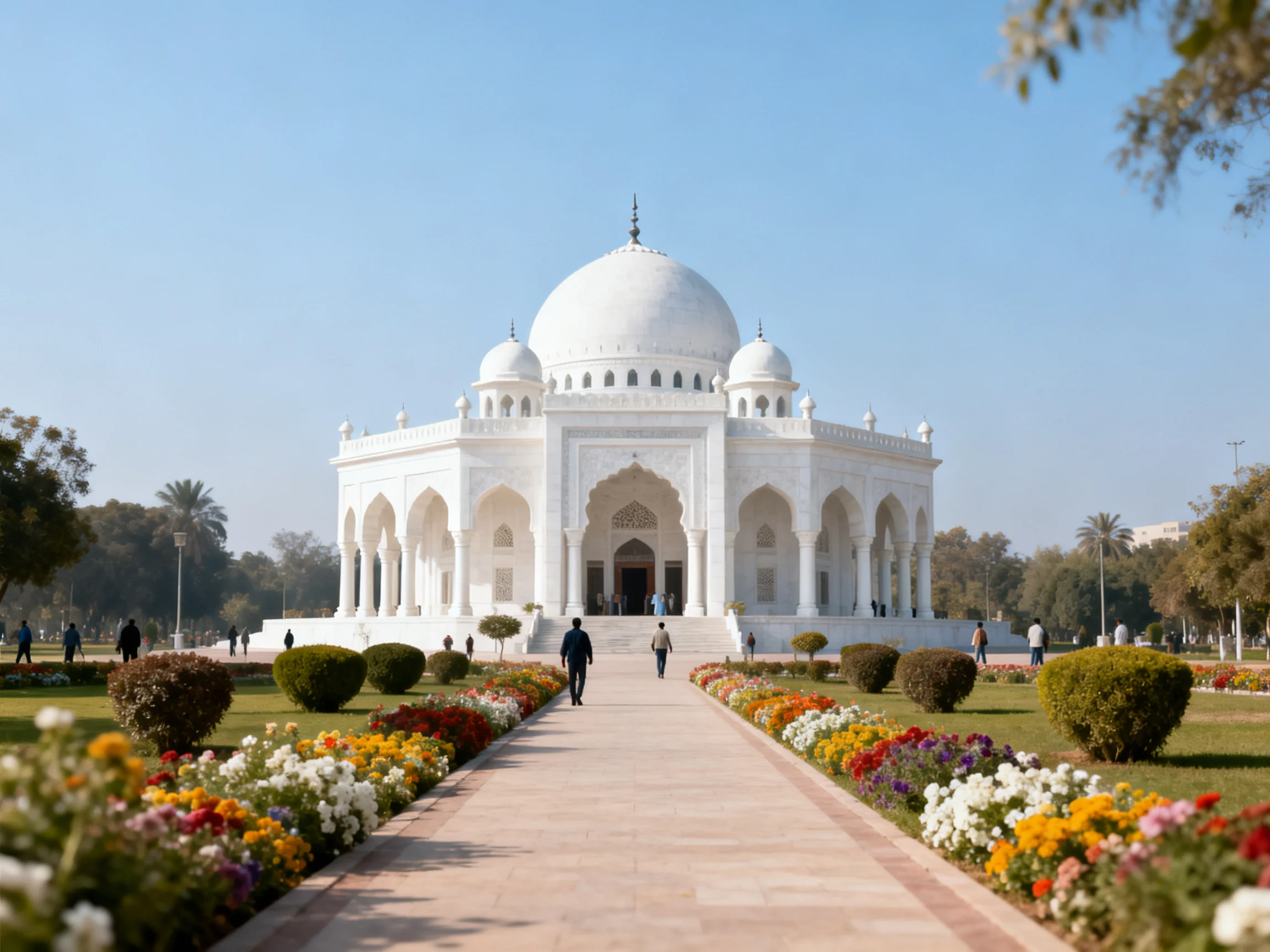 A grand white domed structure surrounded by vibrant flower beds