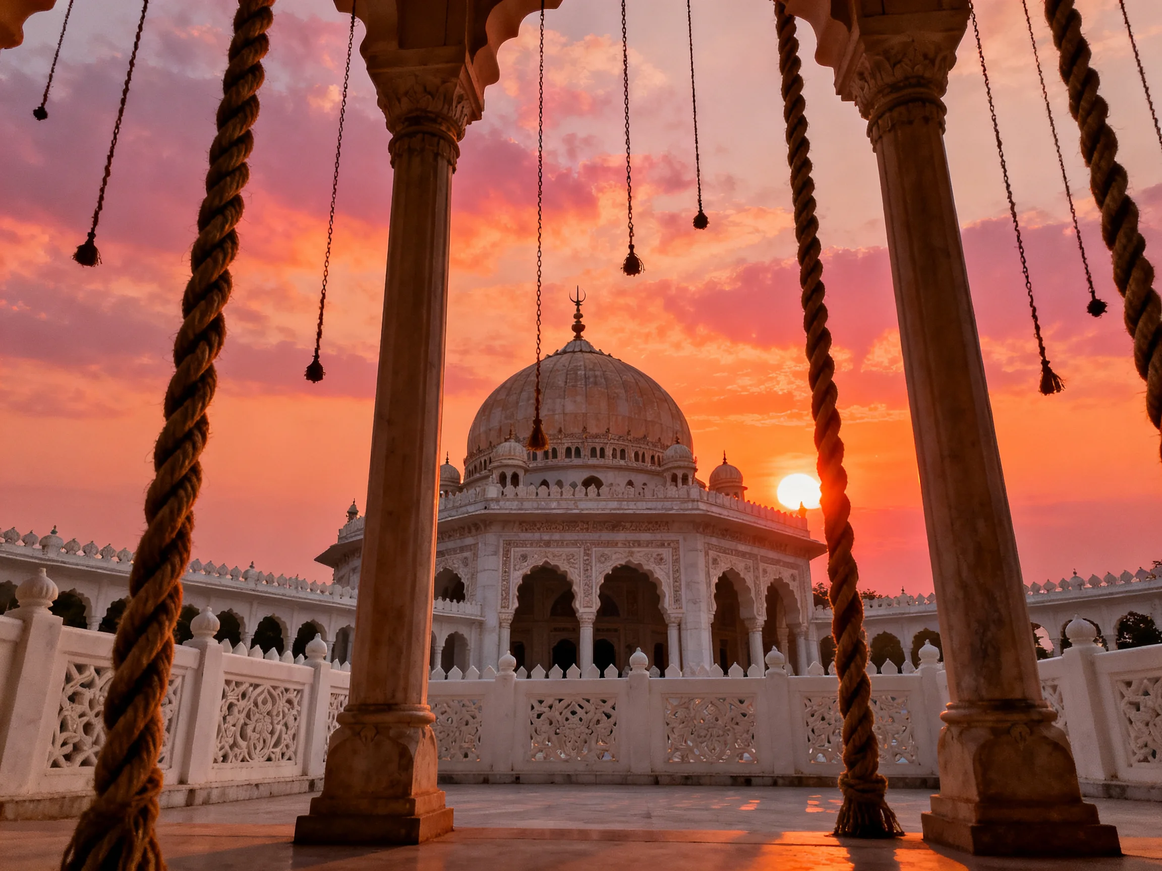 A grand white domed temple framed by twisted columns at sunset