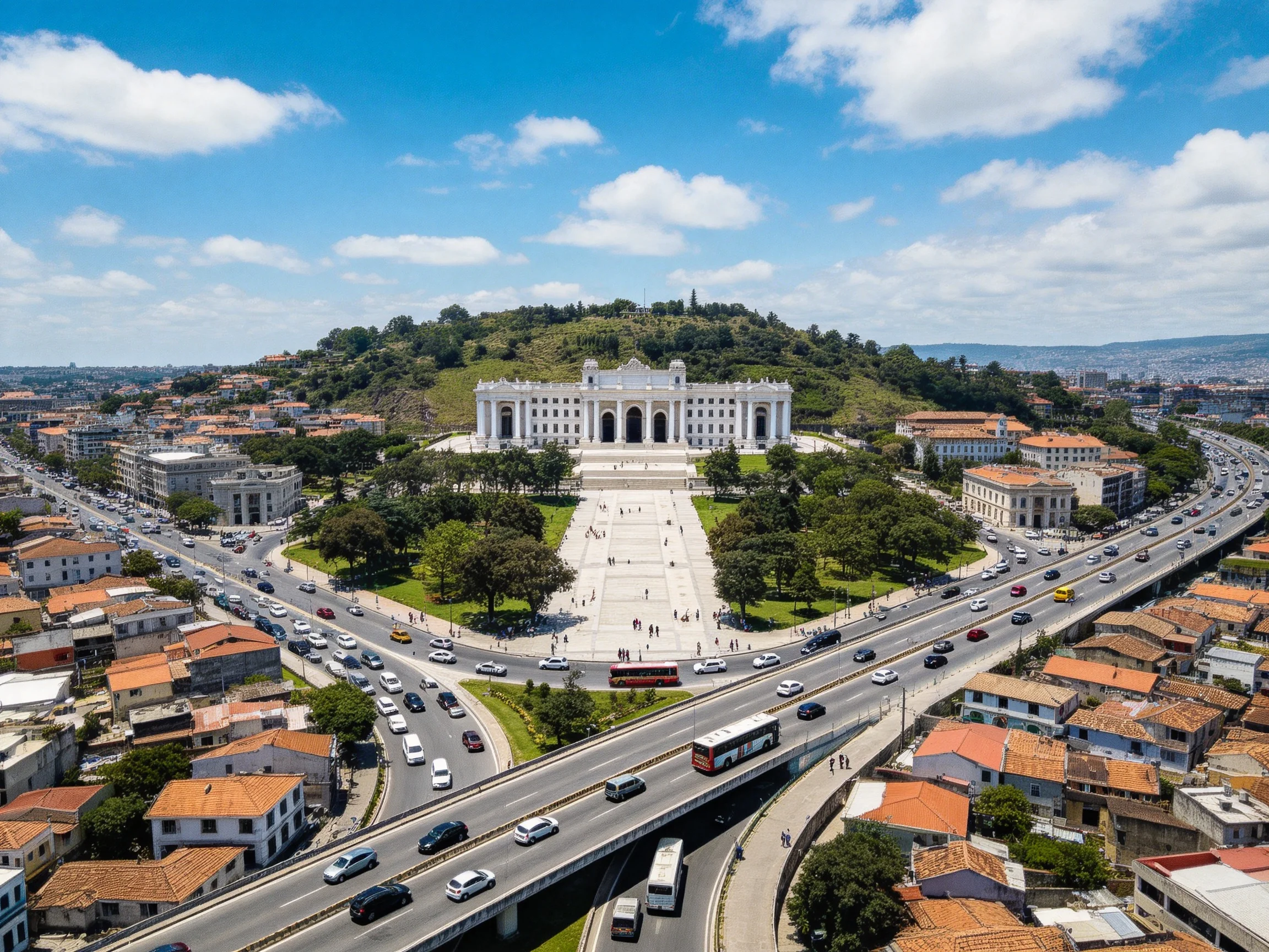 A grand white government building atop a green hill with adjacent urban infrastructure