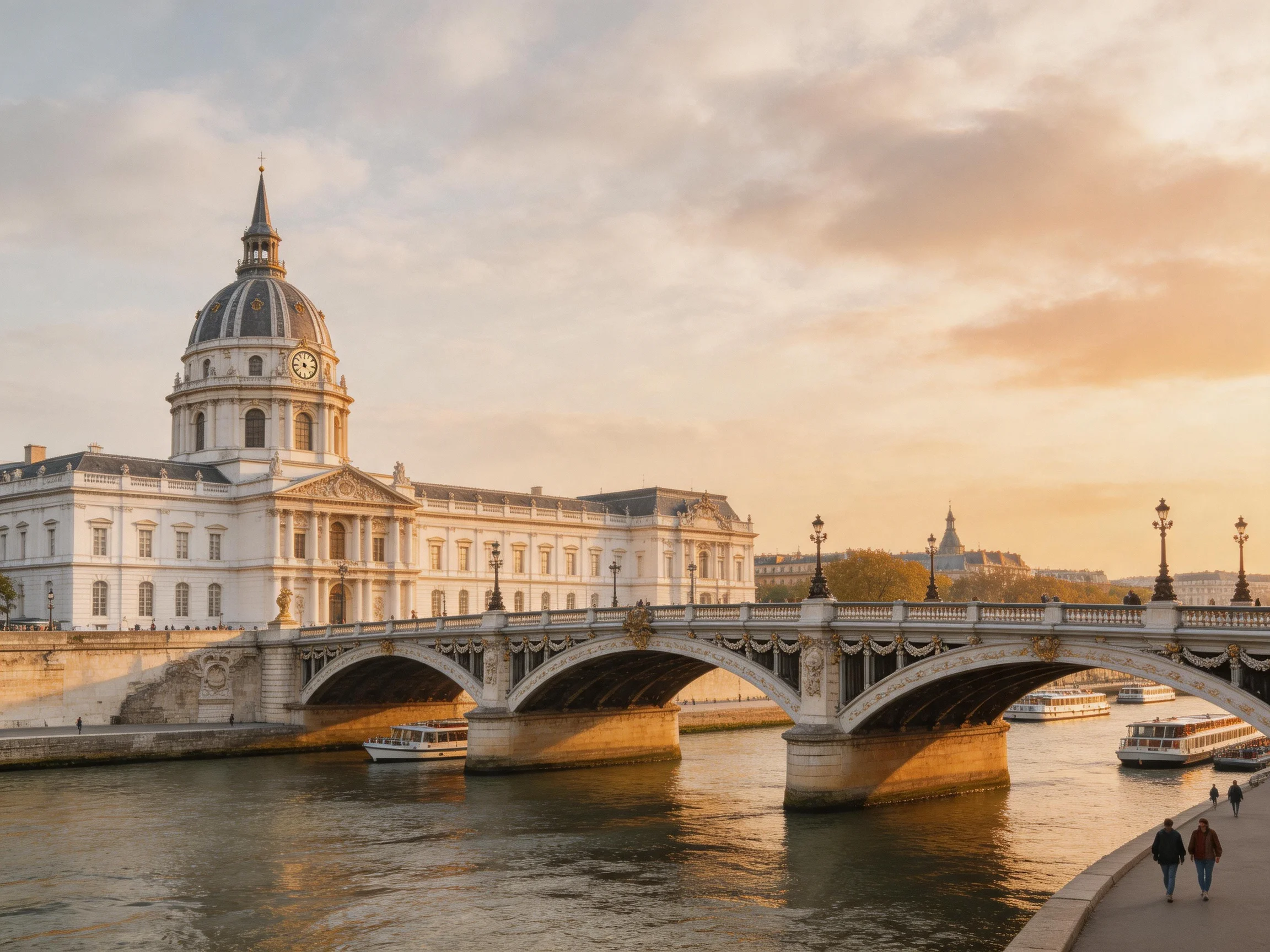 A grand white historic building near an ornate stone bridge over a river