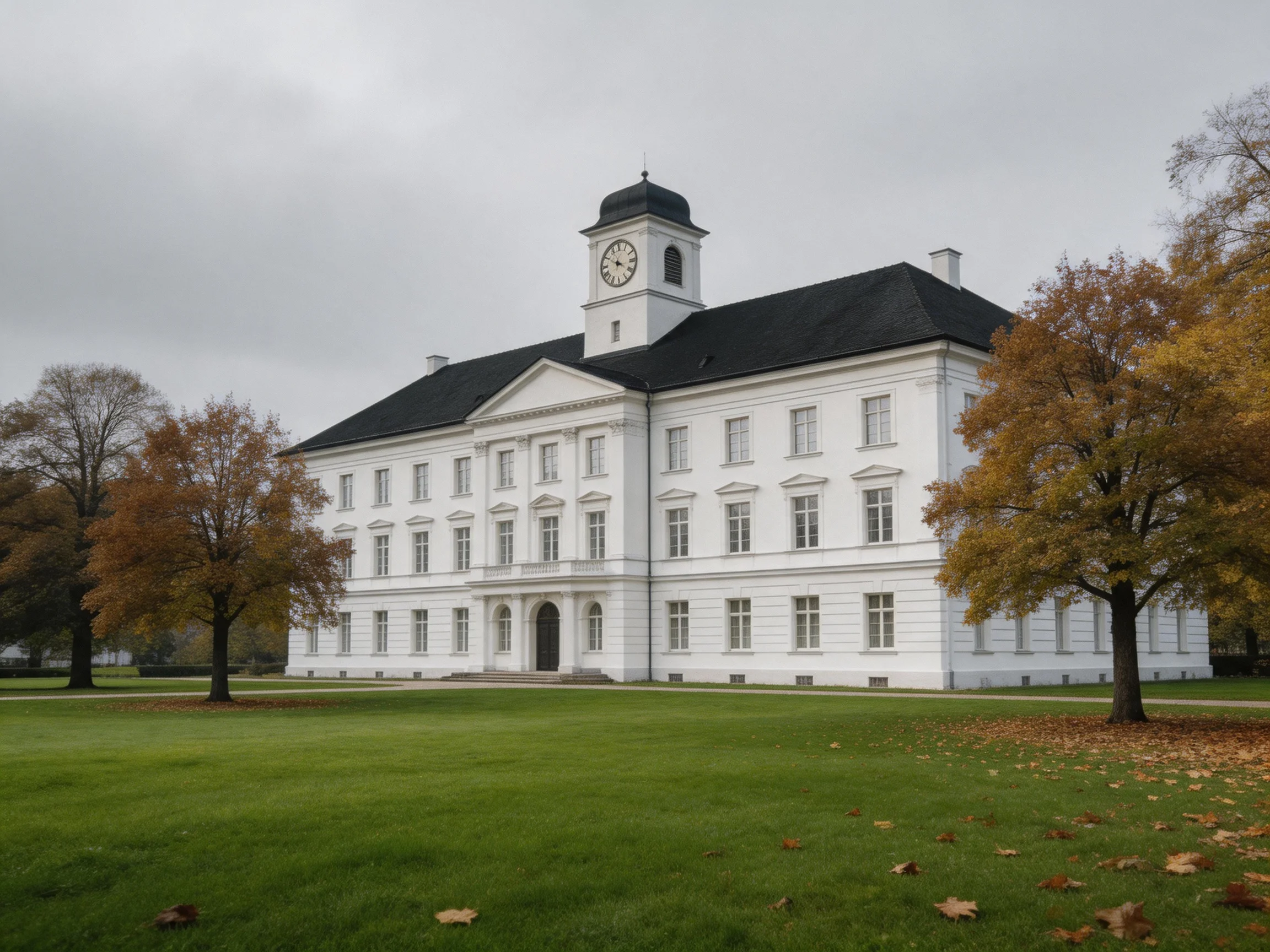 A grand white historic building with a clock tower near autumnal trees