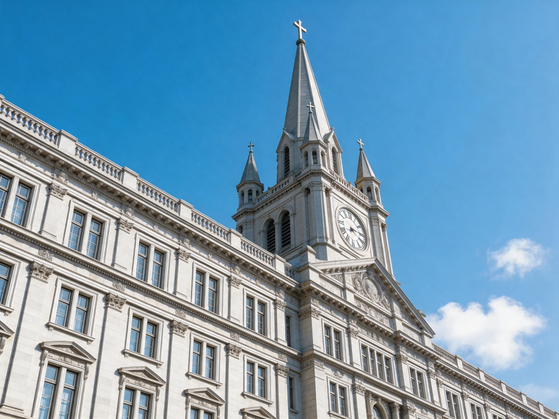 A grand white historic building with a tall clock tower under clear blue sky