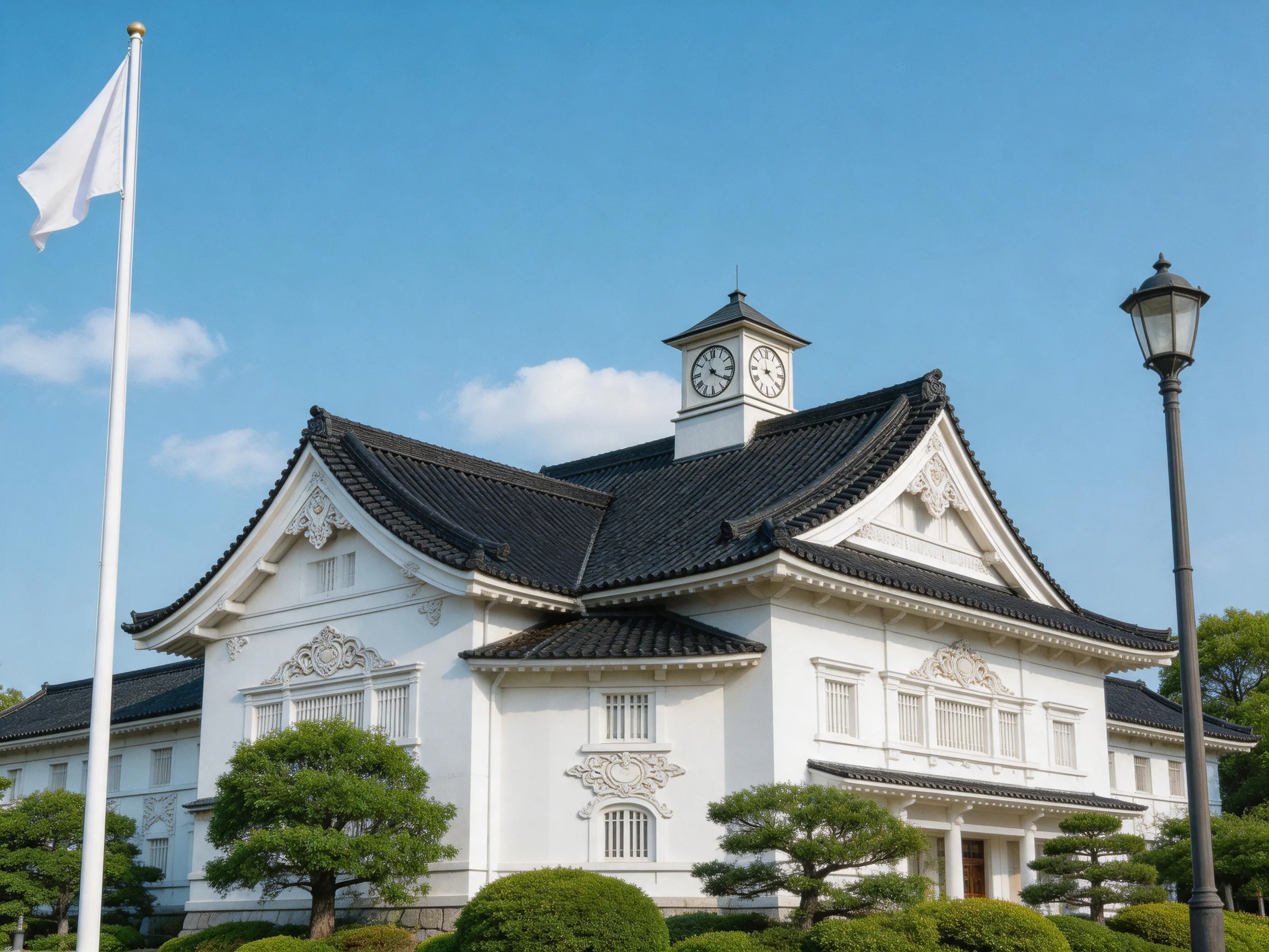 A grand white historical building with a clock tower and black roof
