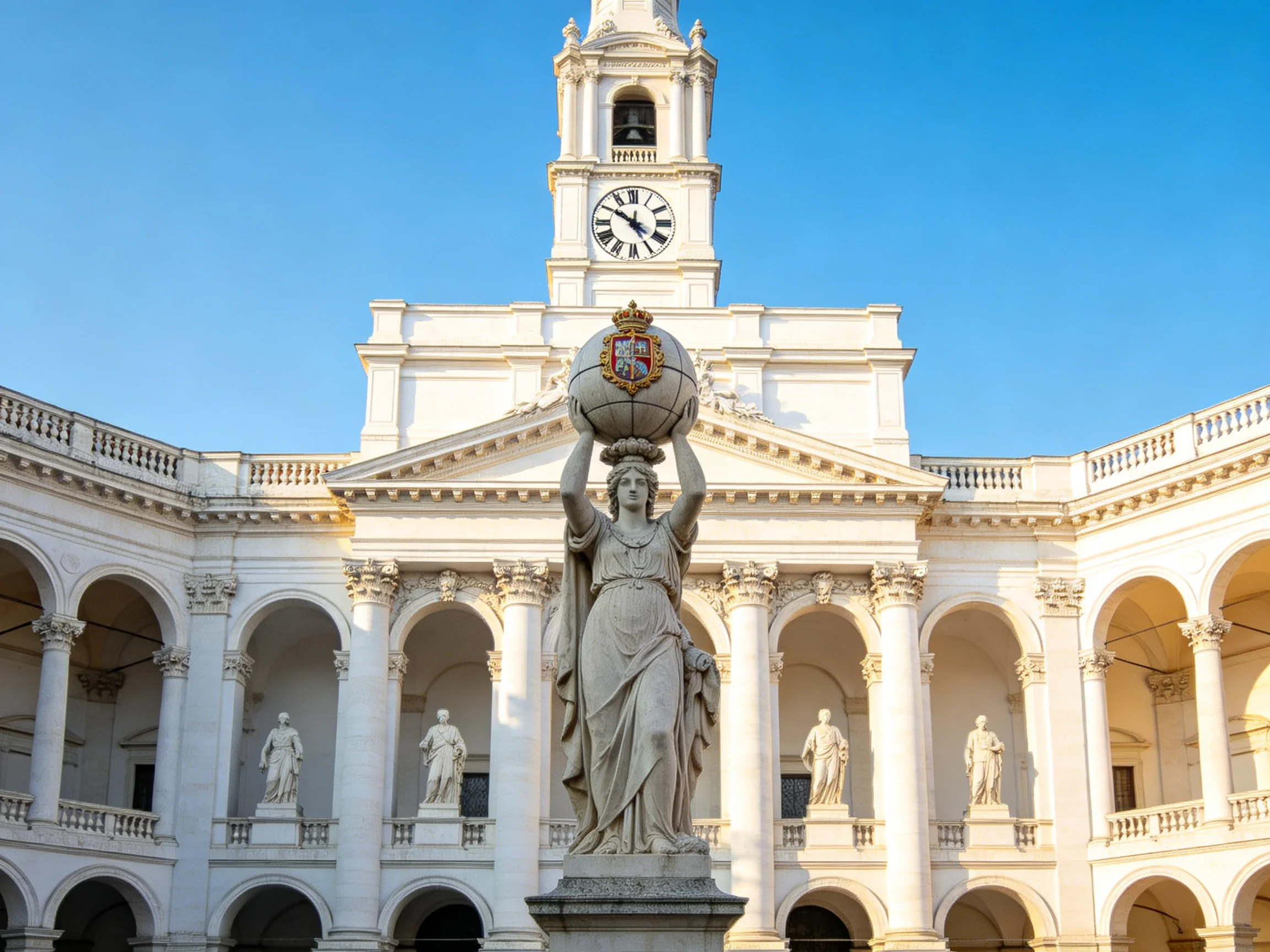 A grand white historical building with a clock tower and central globe statue
