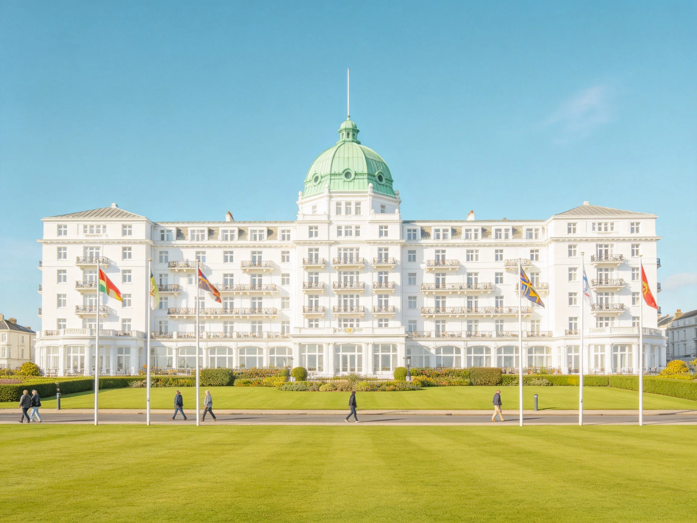 A grand white hotel with a green dome and colorful flags