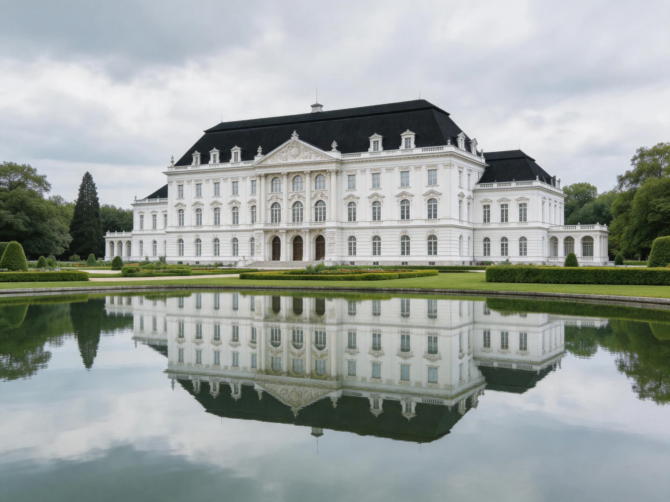 A grand white mansion with black roof reflected in calm water