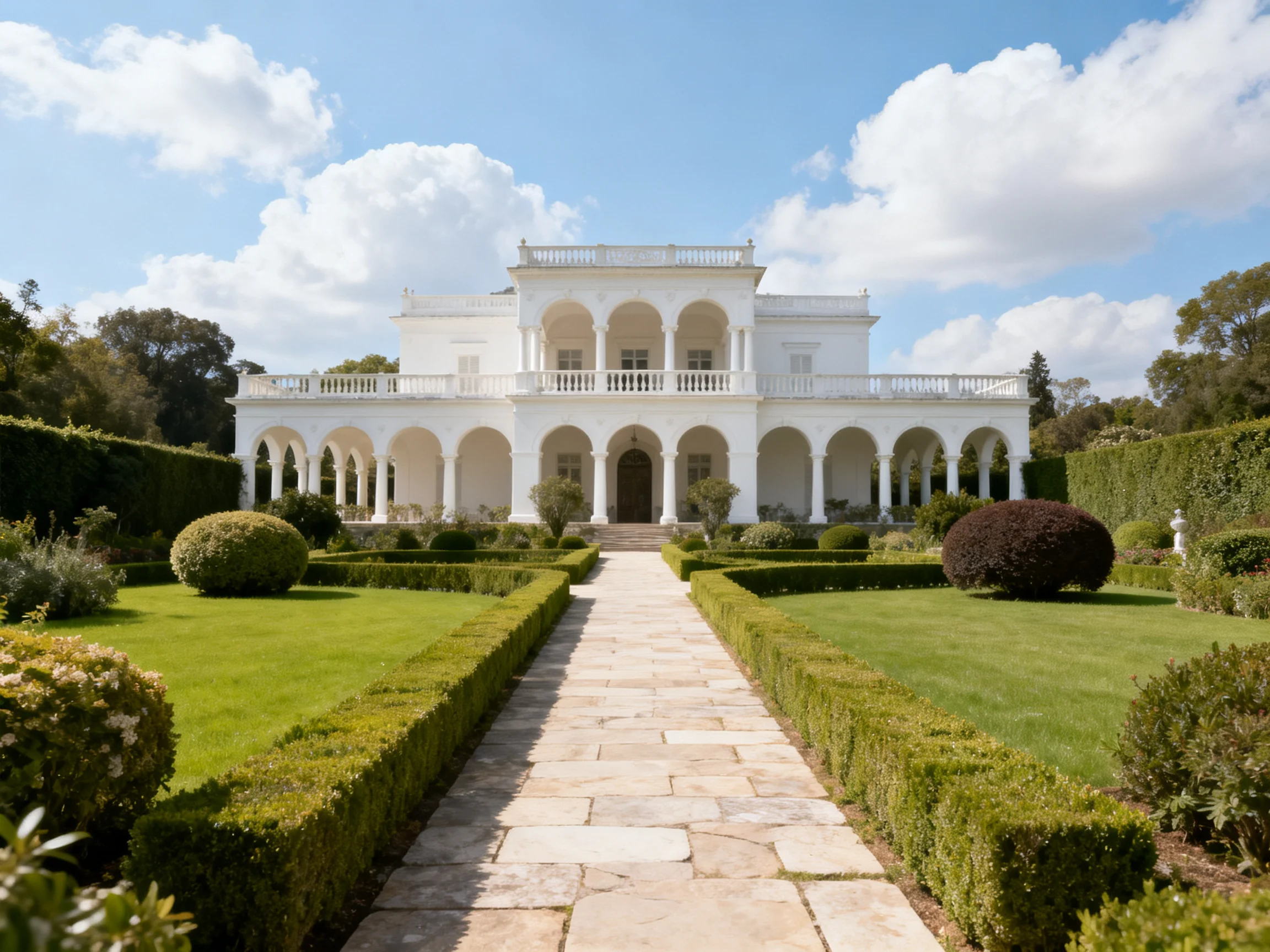 A grand white mansion with formal gardens and stone pathway