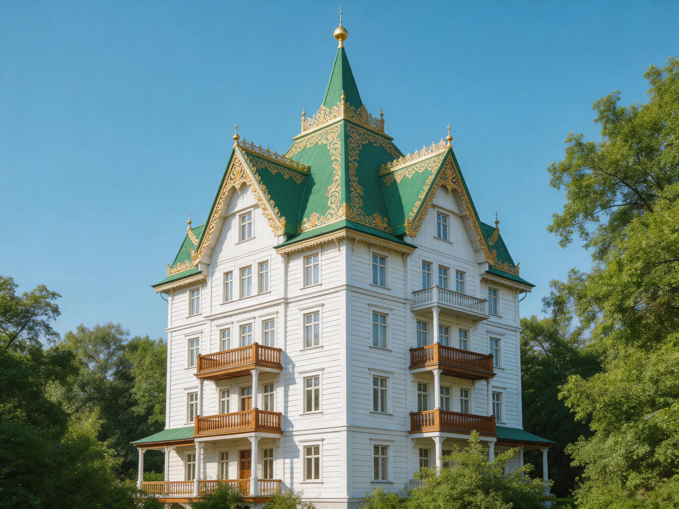 A grand white mansion with green-topped spires and golden accents