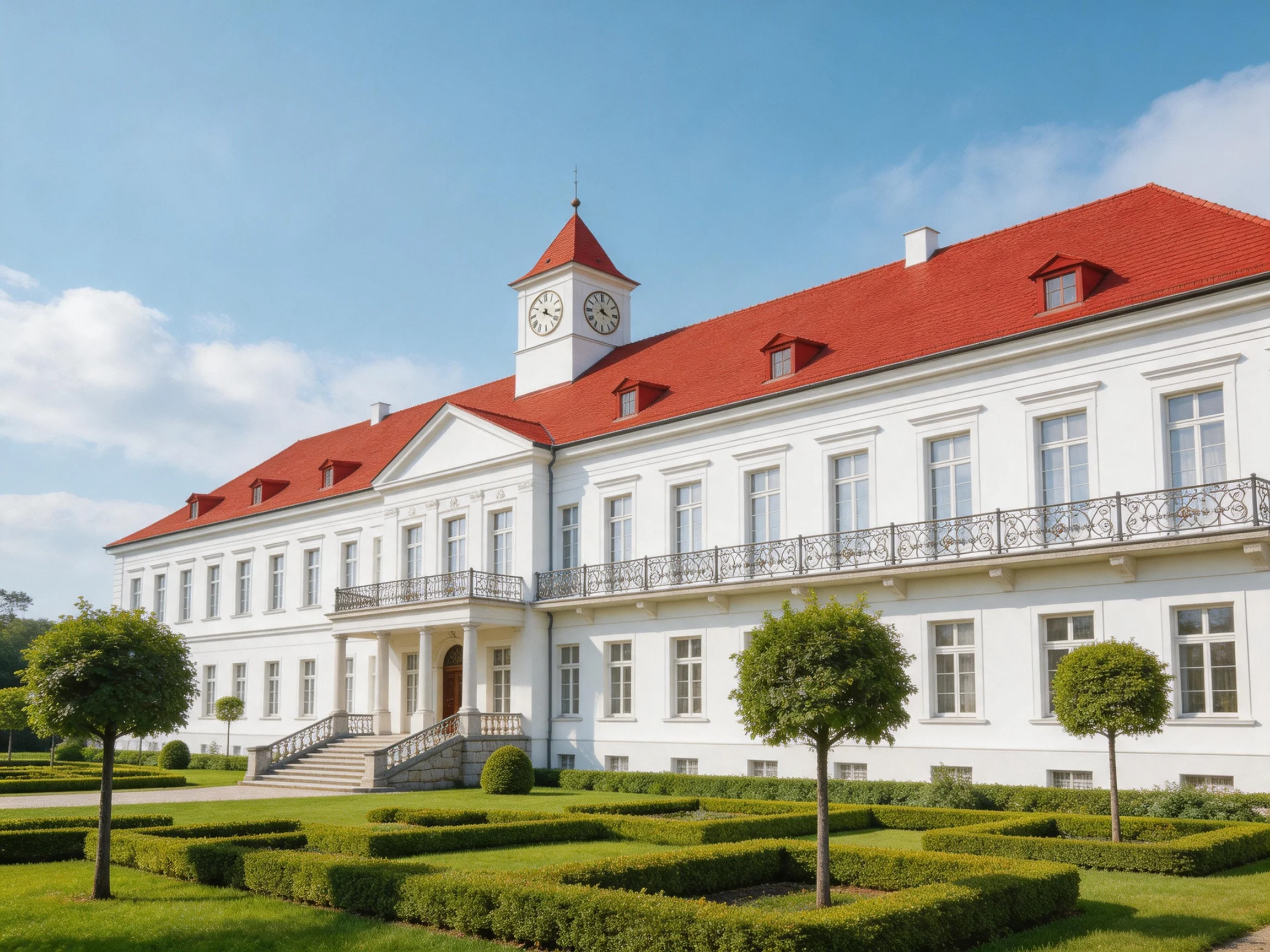 A grand white mansion with red roof and clock tower near manicured gardens