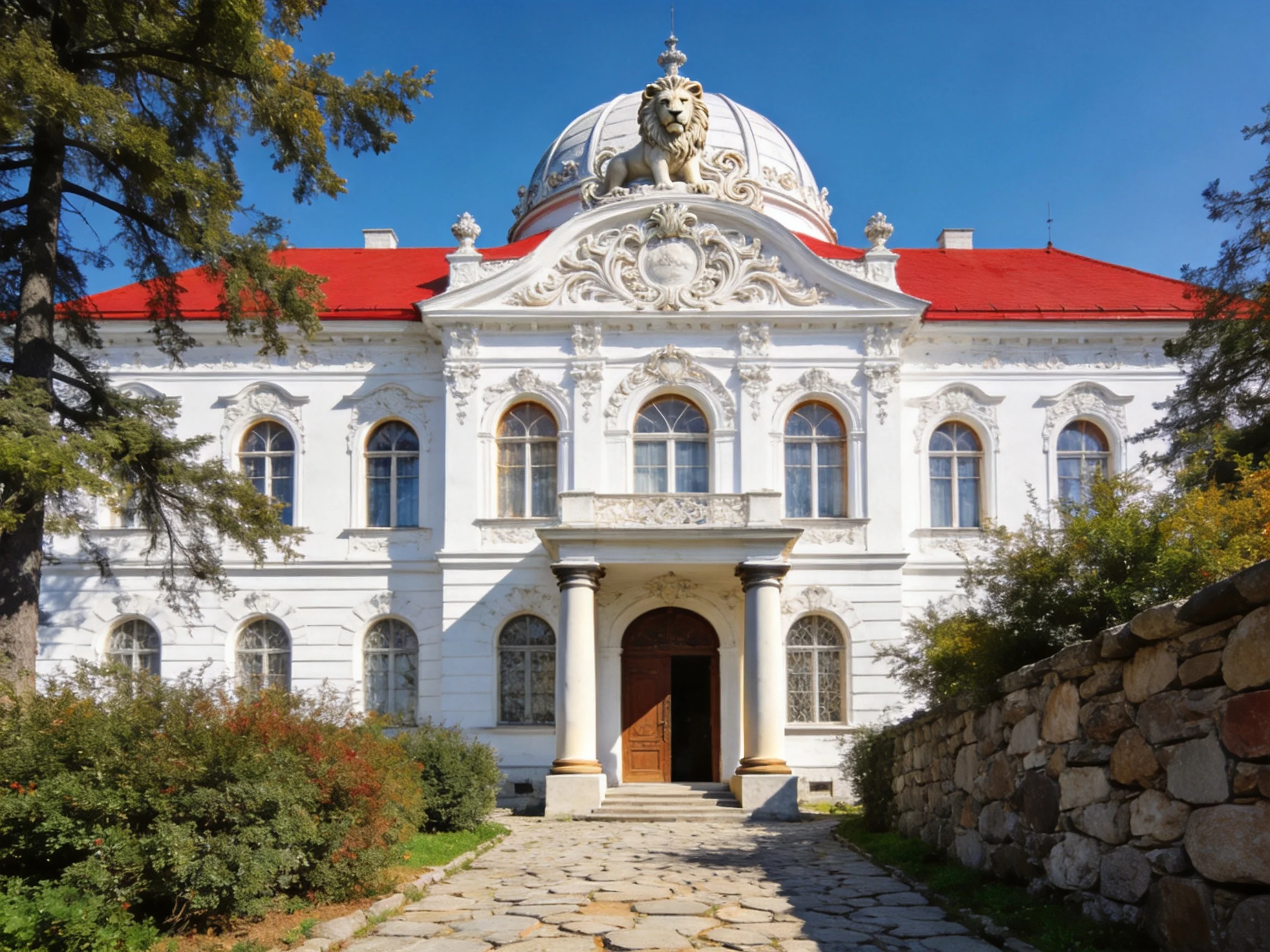 A grand white mansion with red roof and ornate dome