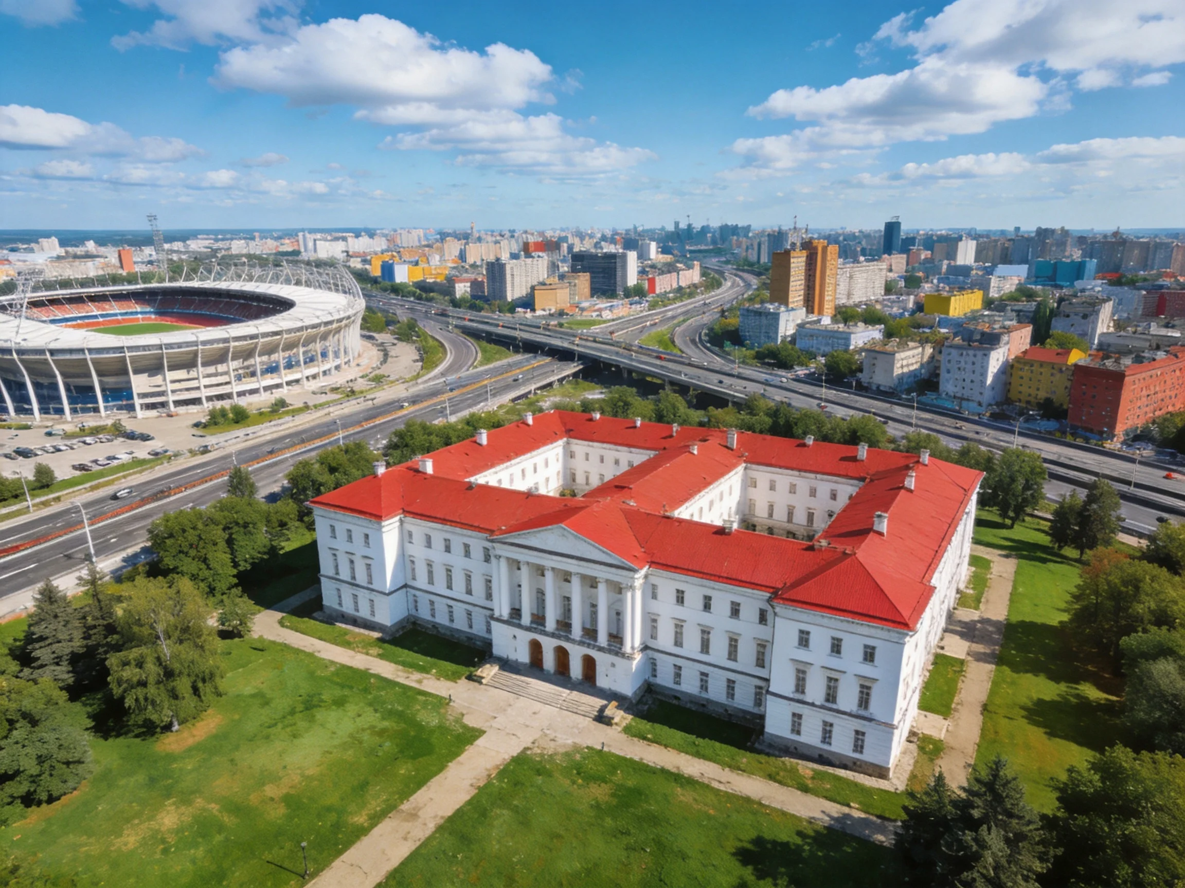 A grand white mansion with red roof near a modern stadium and cityscape
