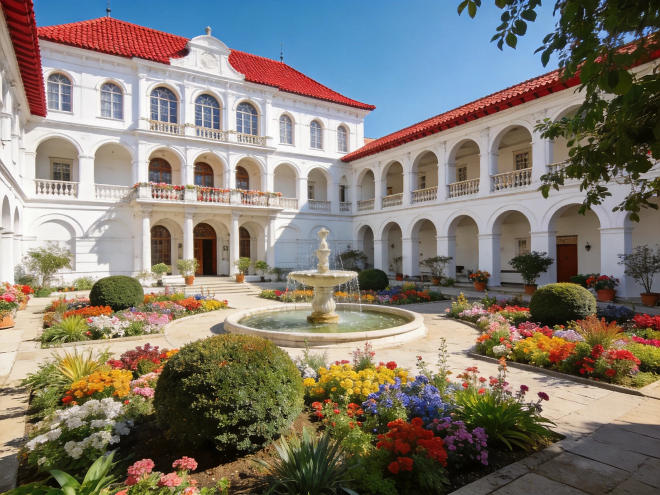 A grand white mansion with red roofs, vibrant flower-filled courtyard
